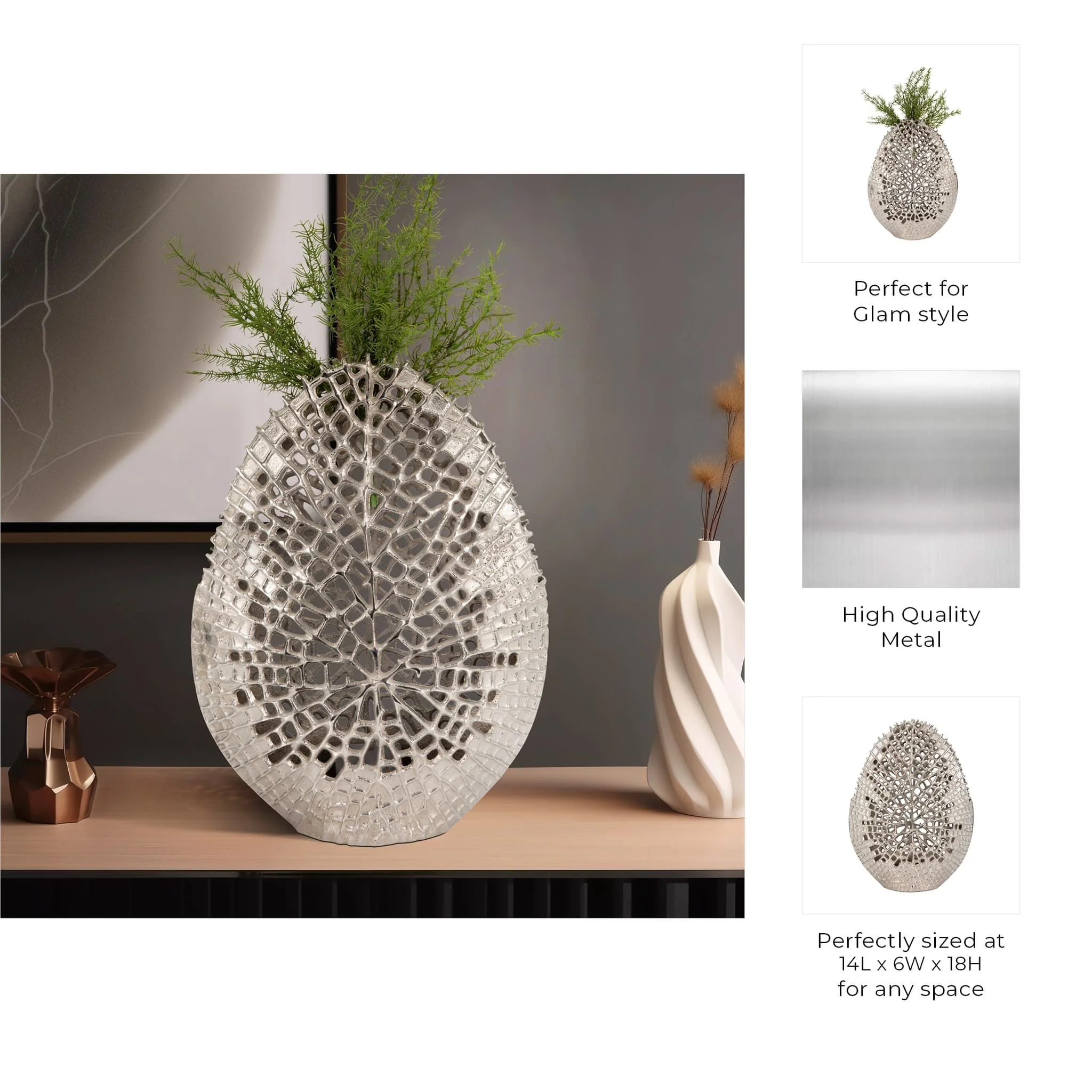 Metal, 18" Contemporary Vase, Silver - Image 10