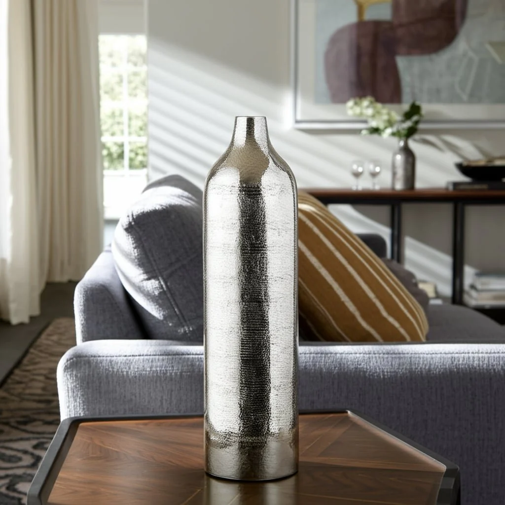 Metal, 19"h Cylinder Vase, Silver - Image 11