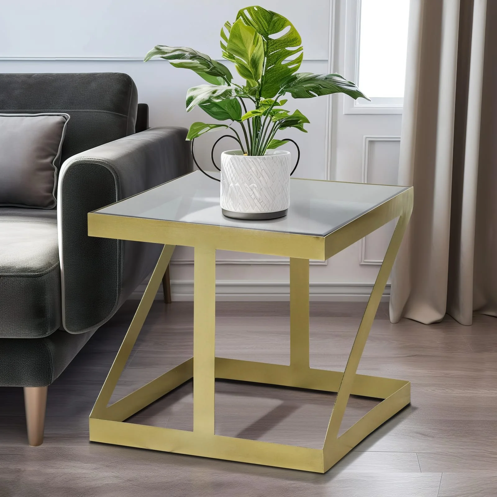 Metal, 20" Contemporary Side Table, Gold/black Gla - Image 9
