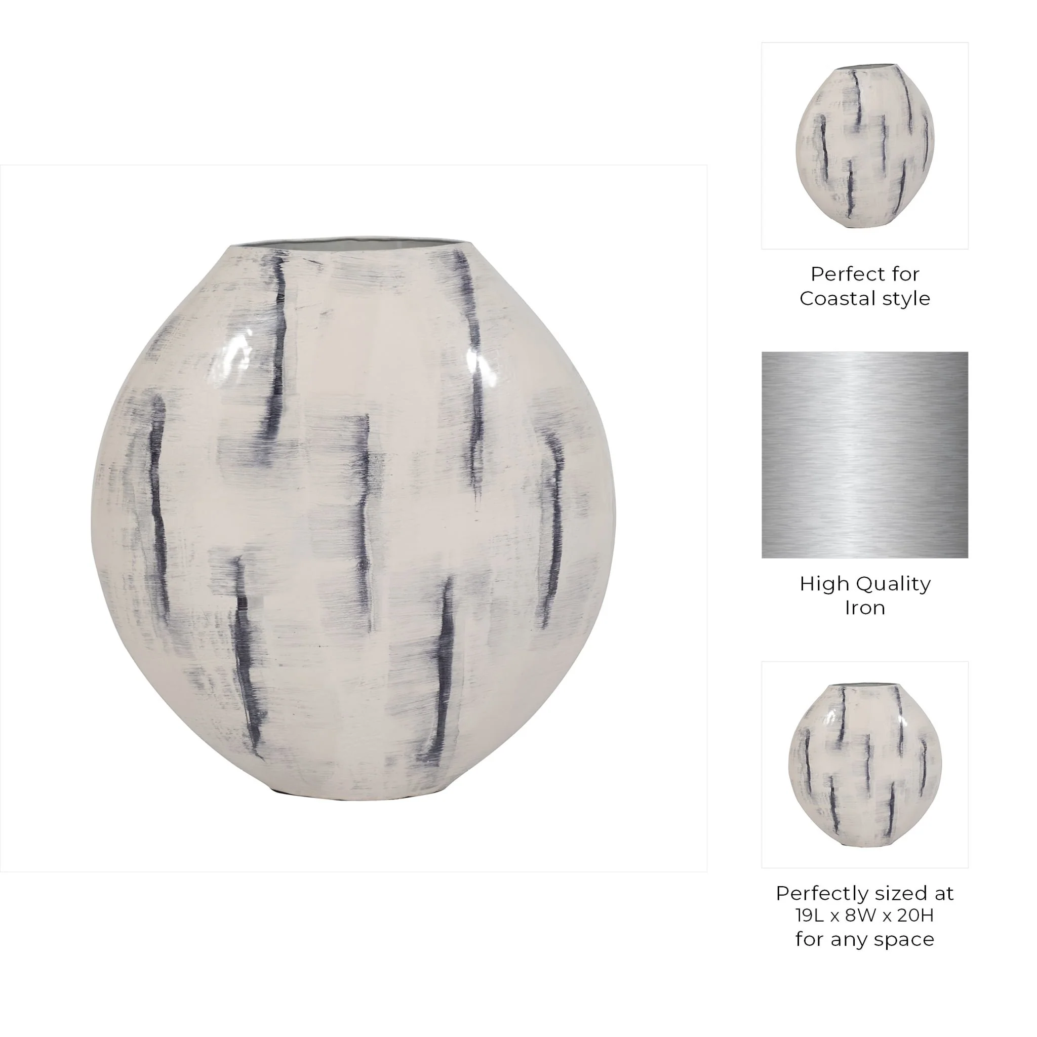 Metal, 20" Enameled Round Vase, Distressed White - Image 10