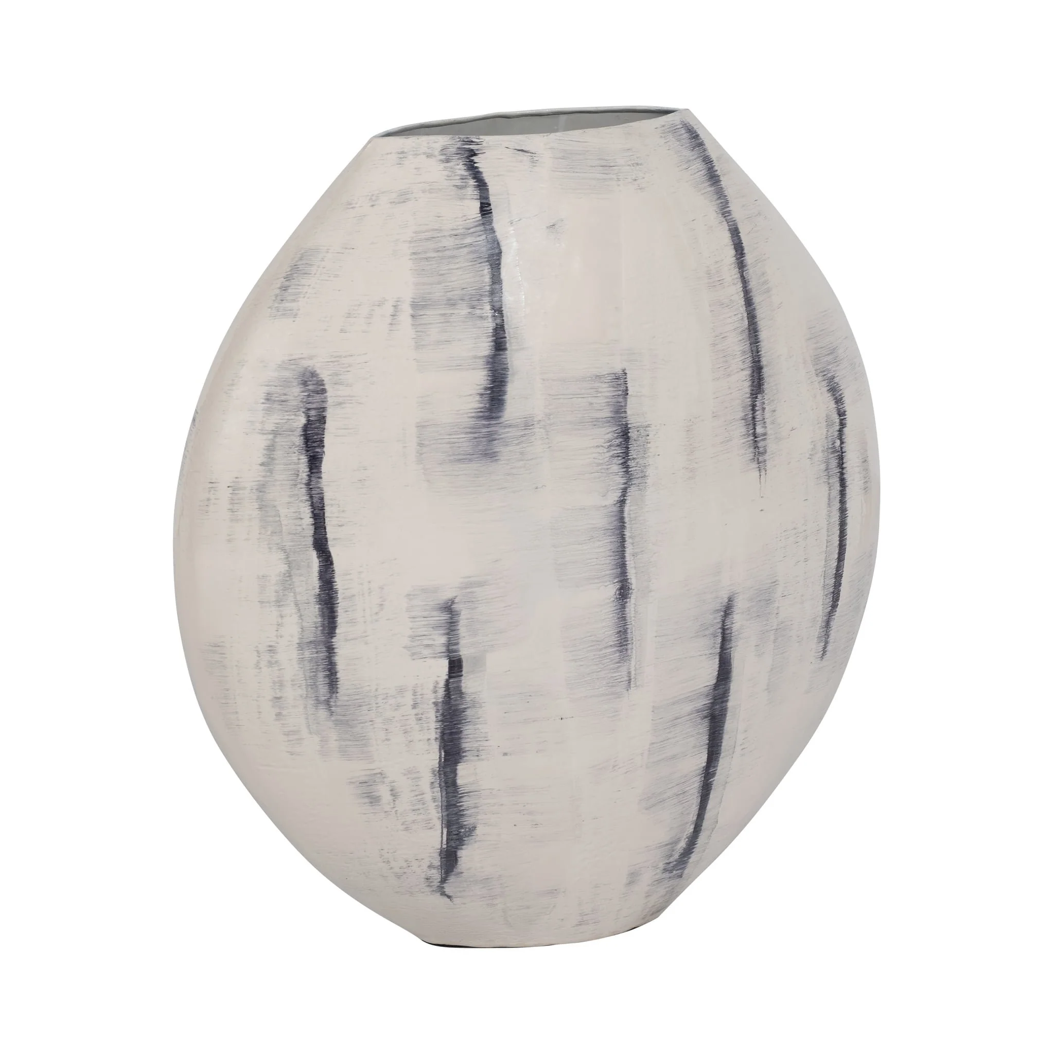 Metal, 20" Enameled Round Vase, Distressed White - Image 2