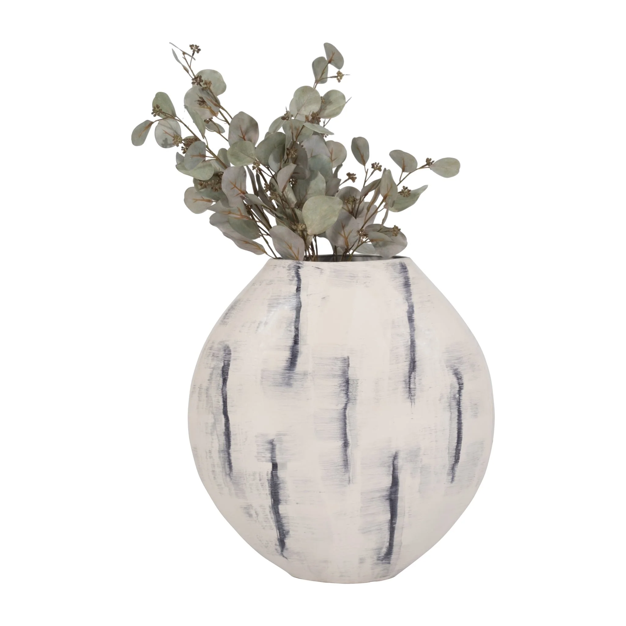 Metal, 20" Enameled Round Vase, Distressed White - Image 4