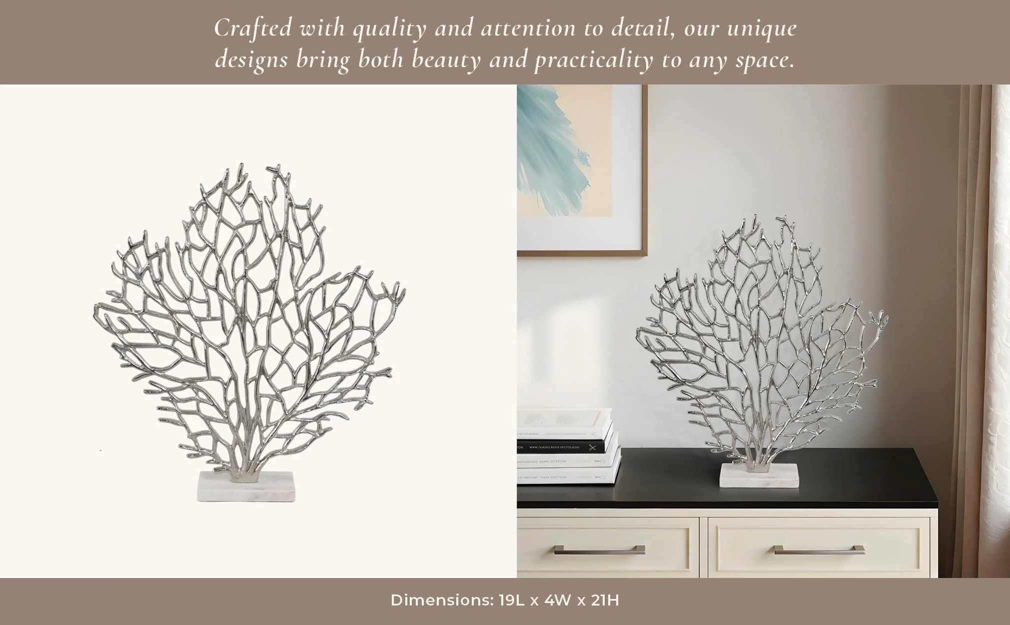Metal, 21" Coral On Marble Base, Silver - Image 11