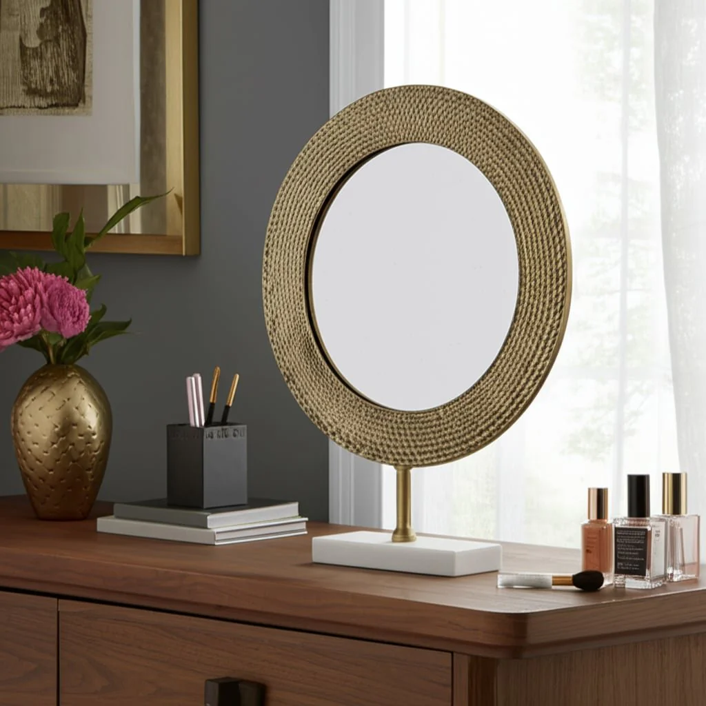 Metal 21" Hammered Mirror On Stand, Gold - Image 13