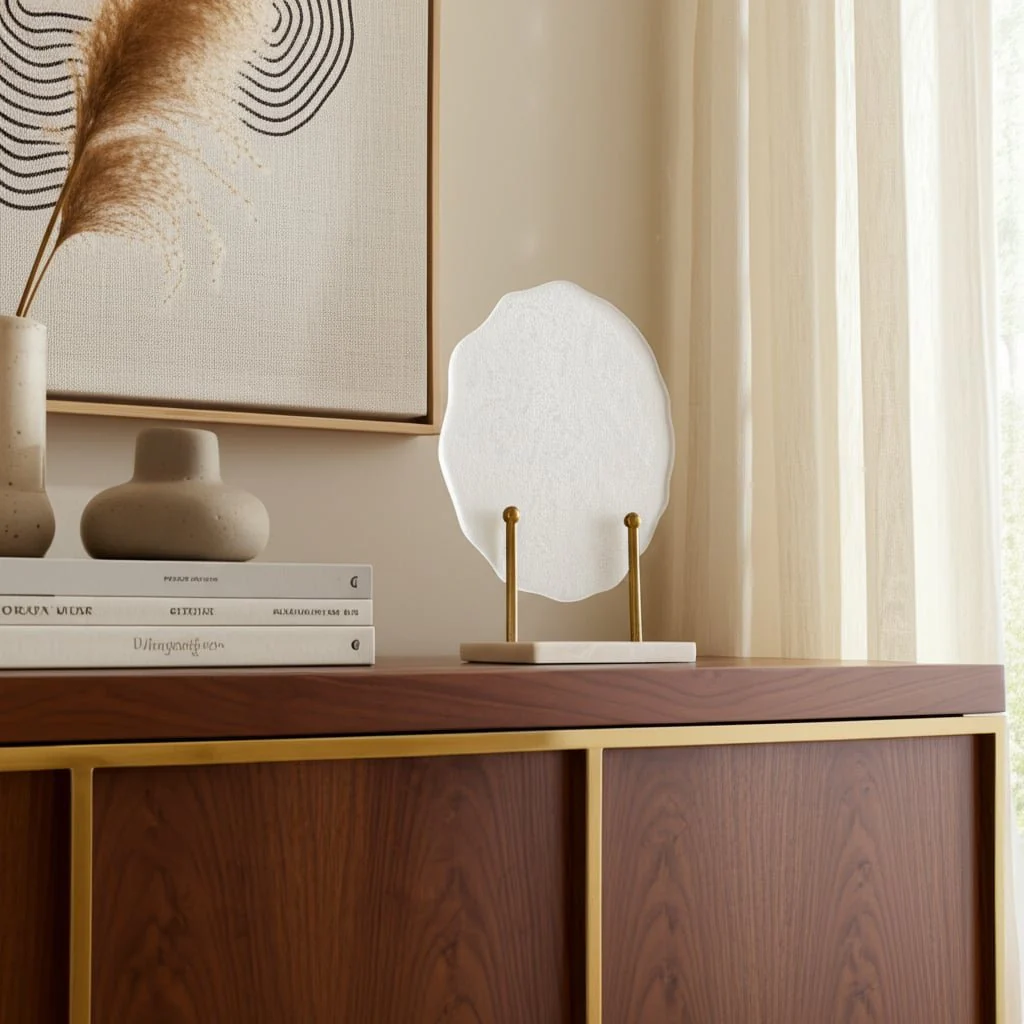 Metal,21"h,speckled Glass Disc On Marble Stand,whi - Image 11