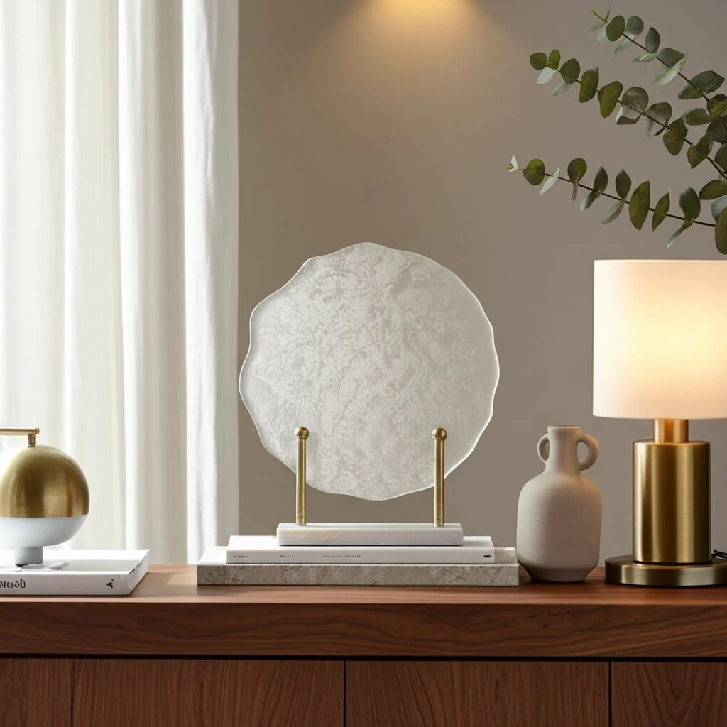 Metal,21"h,speckled Glass Disc On Marble Stand,whi - Image 12