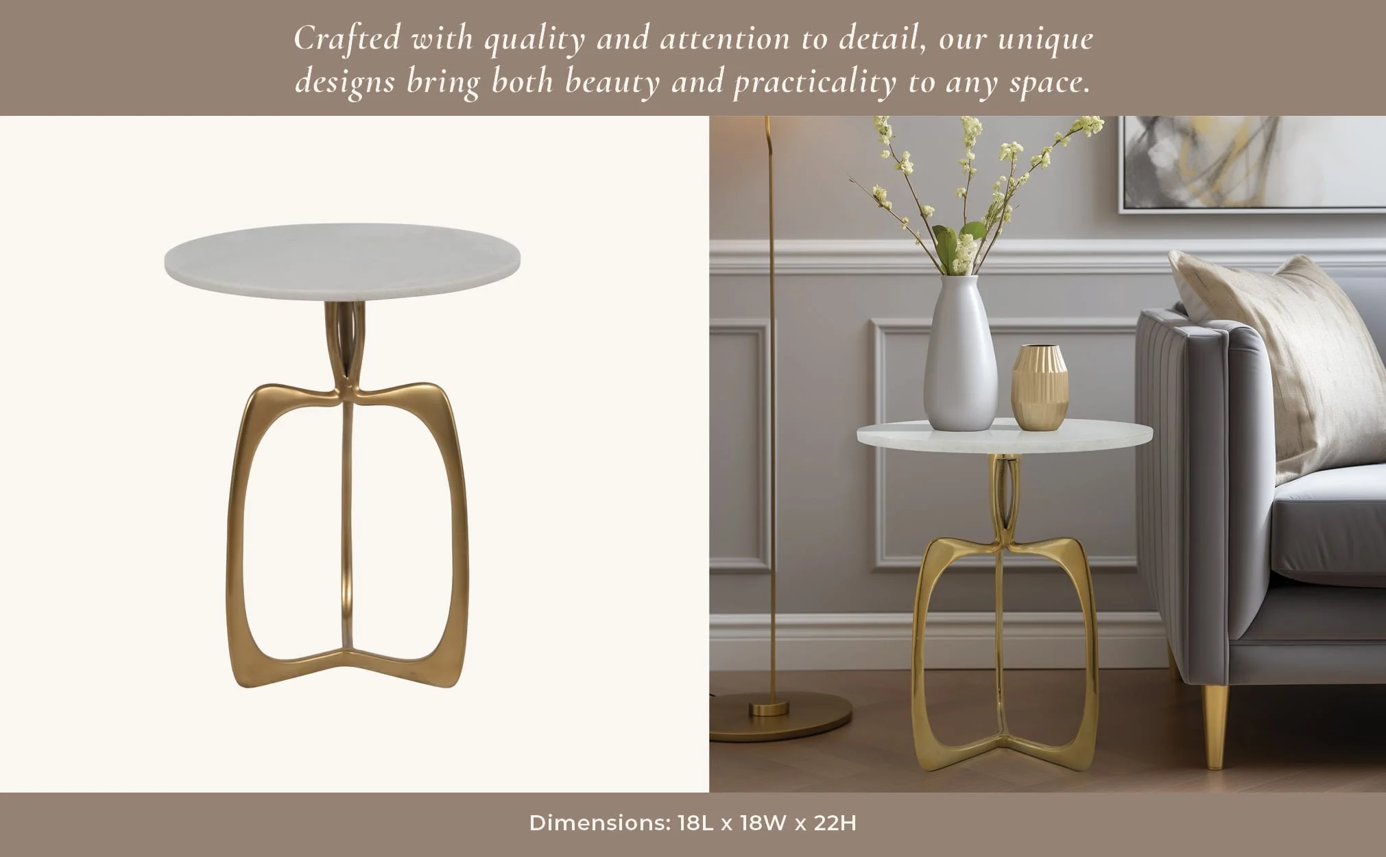 Metal 22" Accent Table W/ White Marble, Gold  Kd - Image 10
