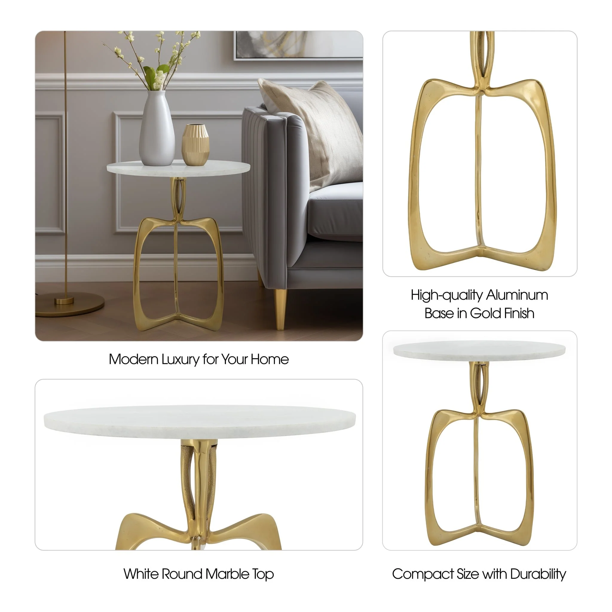 Metal 22" Accent Table W/ White Marble, Gold  Kd - Image 8