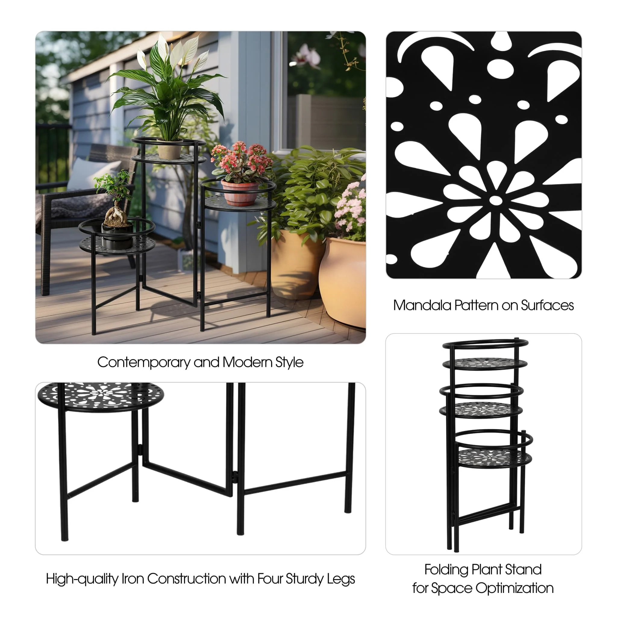 Metal, 22" Folding 3-tier Plant Stand, Black - Image 10