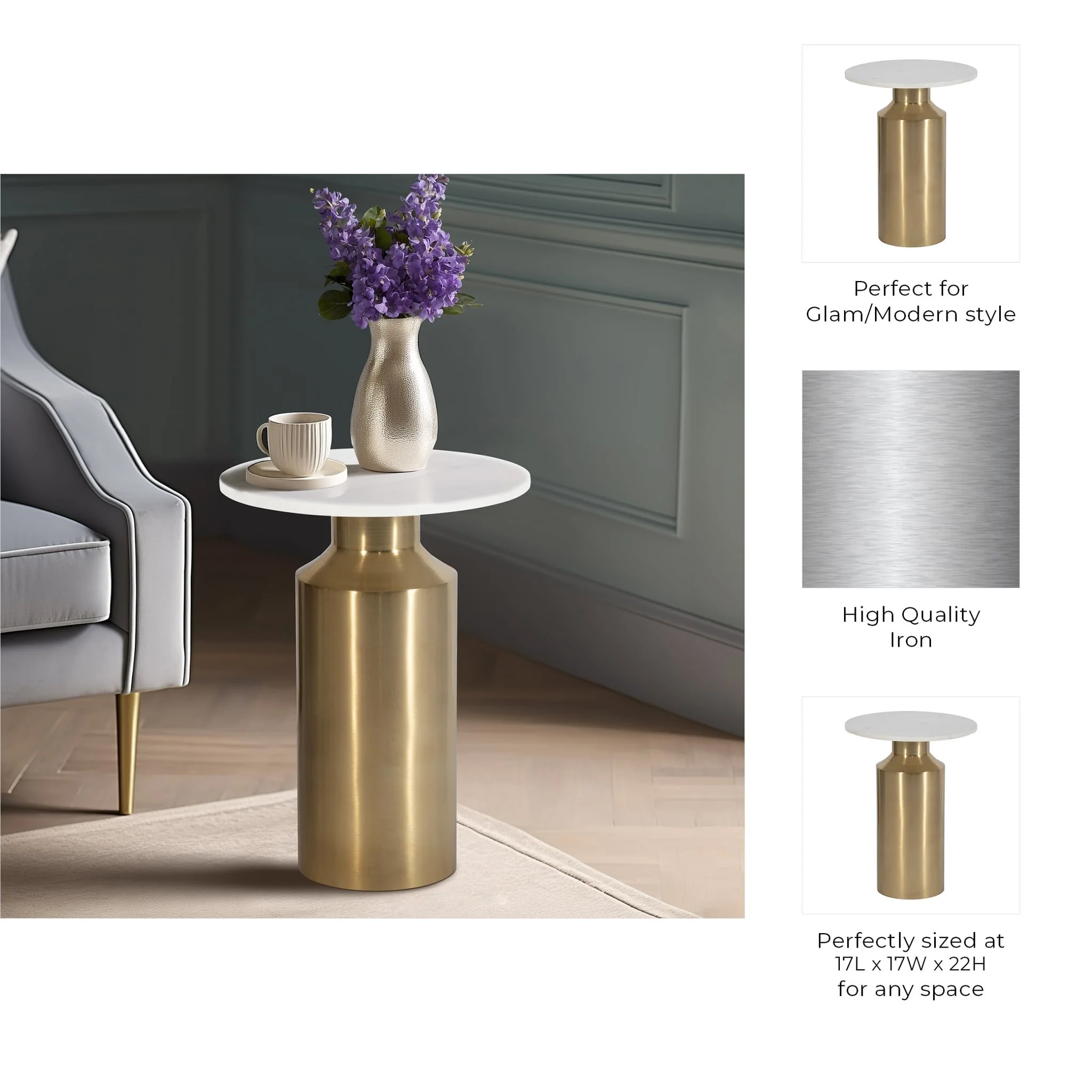 Metal, 22" Marble Top Side Table, Gold Kd - Image 8