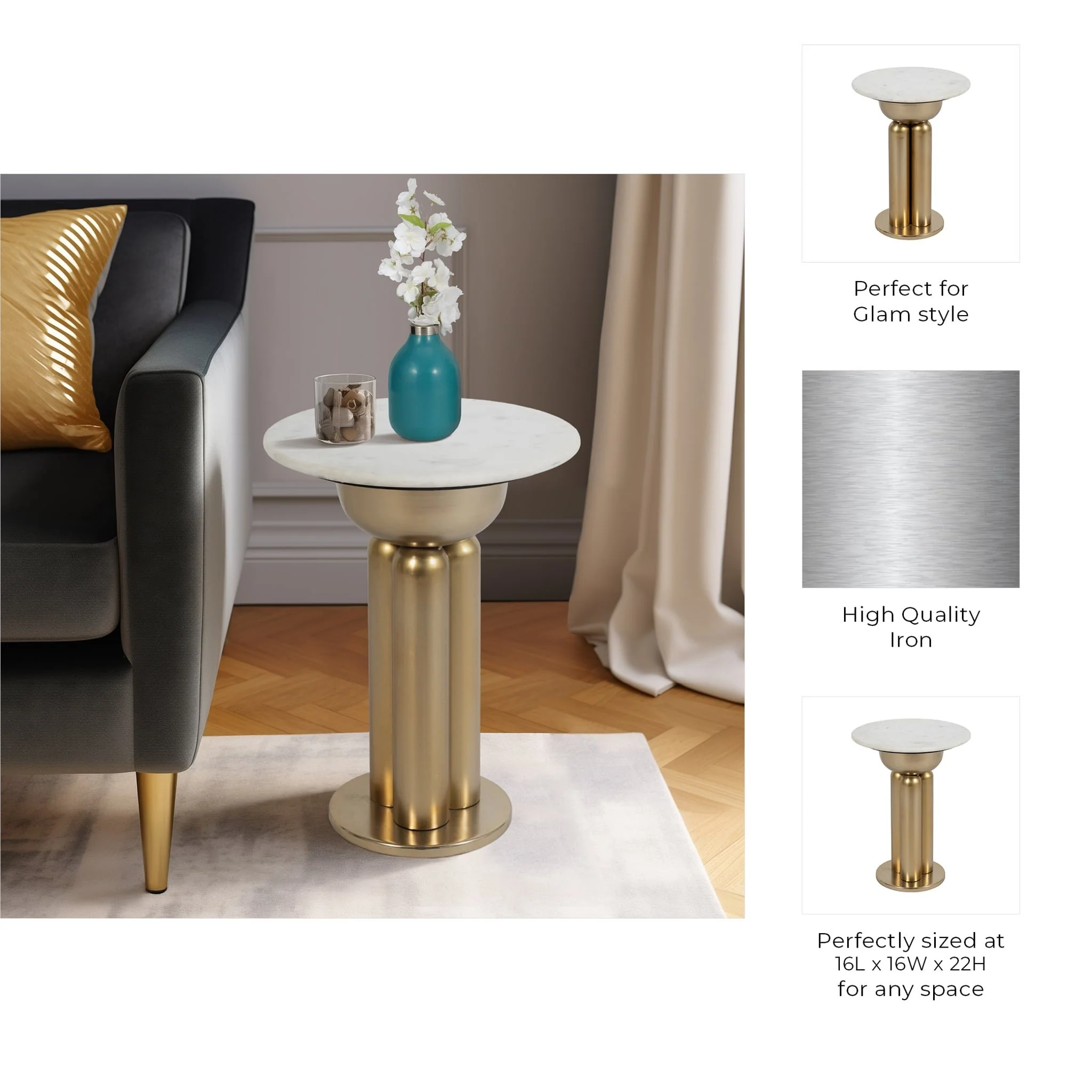 Metal, 22" Marble Top Side Table, Gold/white - Image 8