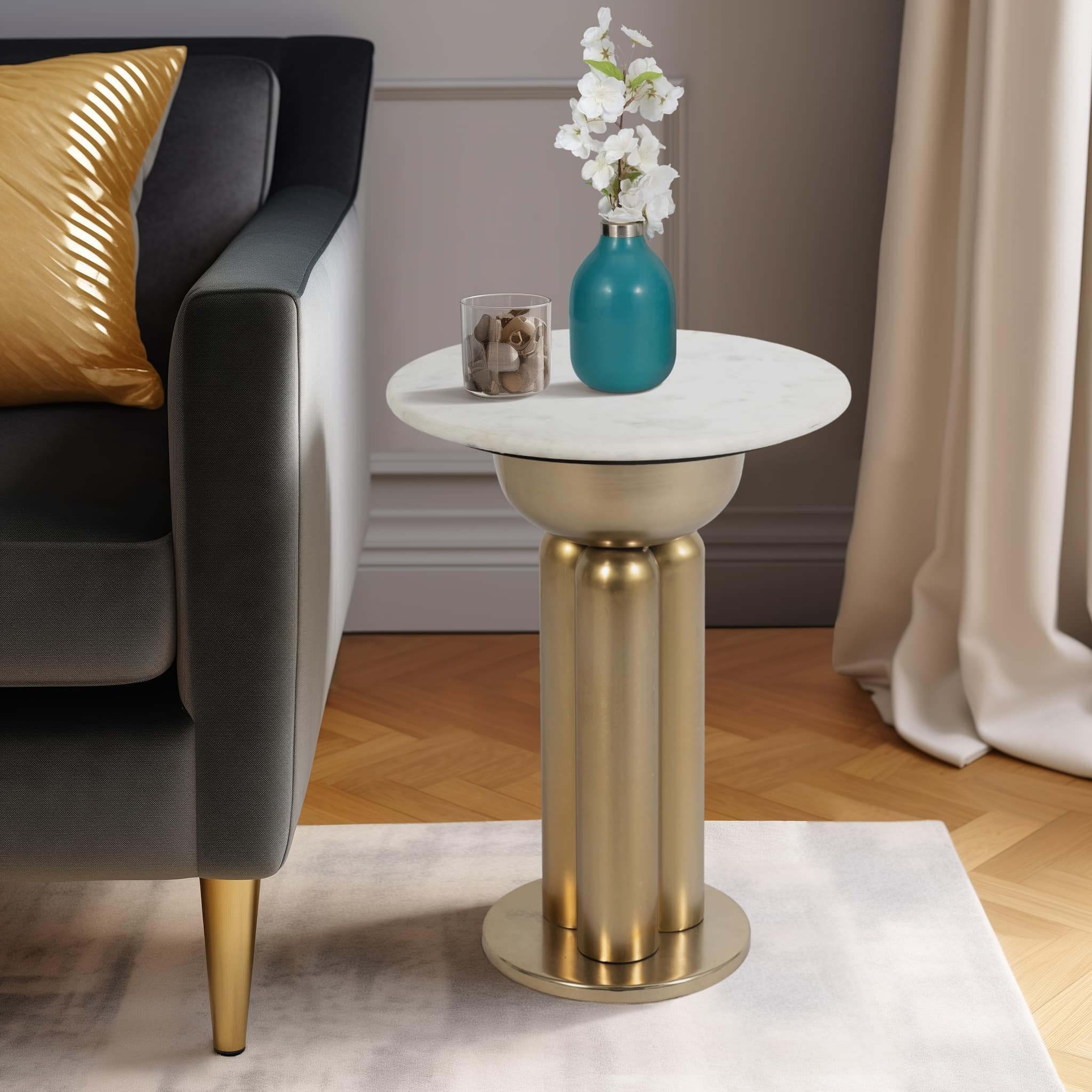 Metal, 22" Marble Top Side Table, Gold/white - Image 9