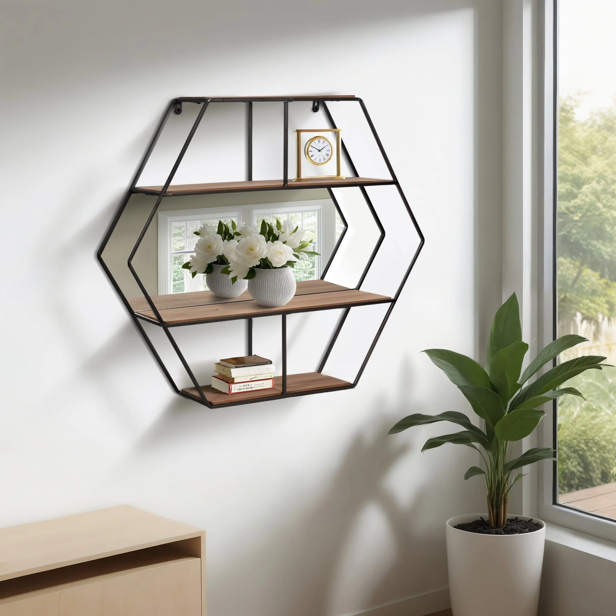 Metal 24" Hexagon Wall Shelf W/ Mirror, Brown - Image 8