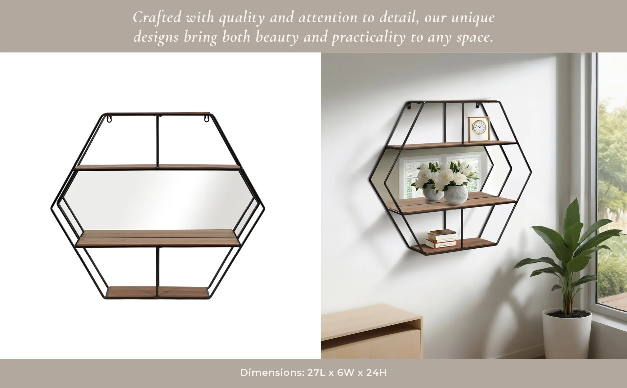 Metal 24" Hexagon Wall Shelf W/ Mirror, Brown - Image 9