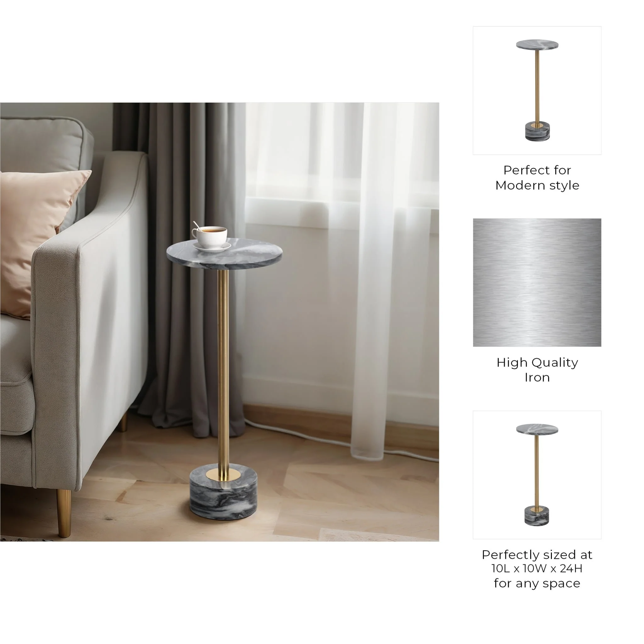 Metal, 24" Side Table Marble Top, Gray/gold Kd - Image 8
