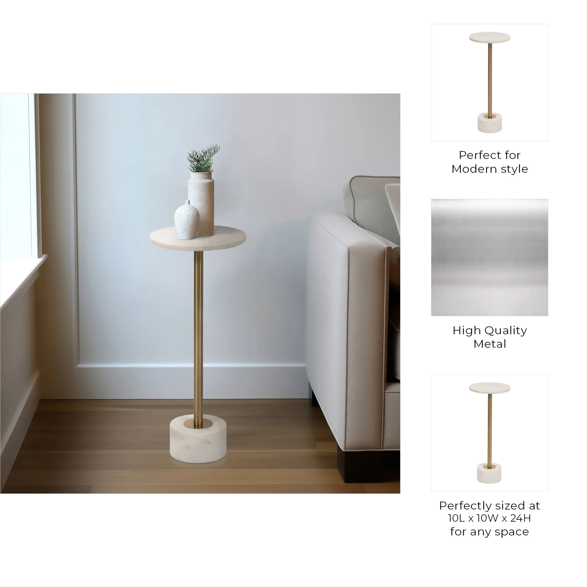 Metal, 24" Side Table Marble Top, White/gold Kd - Image 2