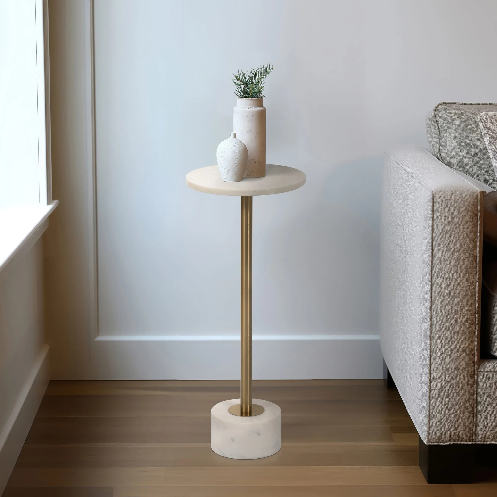 Metal, 24" Side Table Marble Top, White/gold Kd - Image 3
