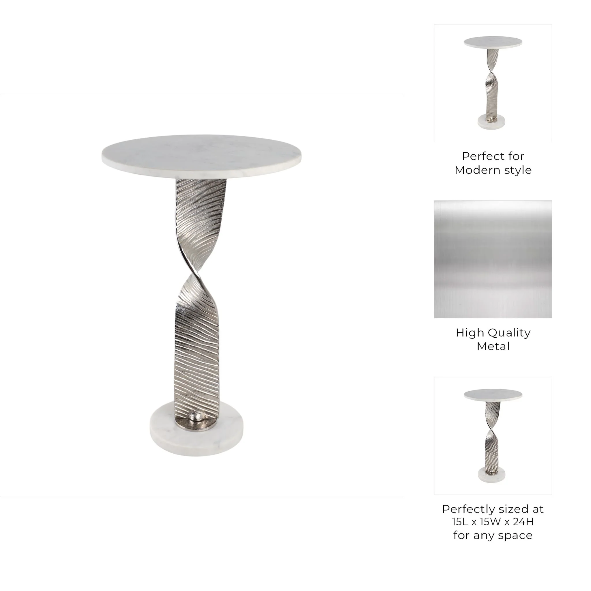 Metal,24"twisted Base Accent Table,white/silver Kd - Image 9