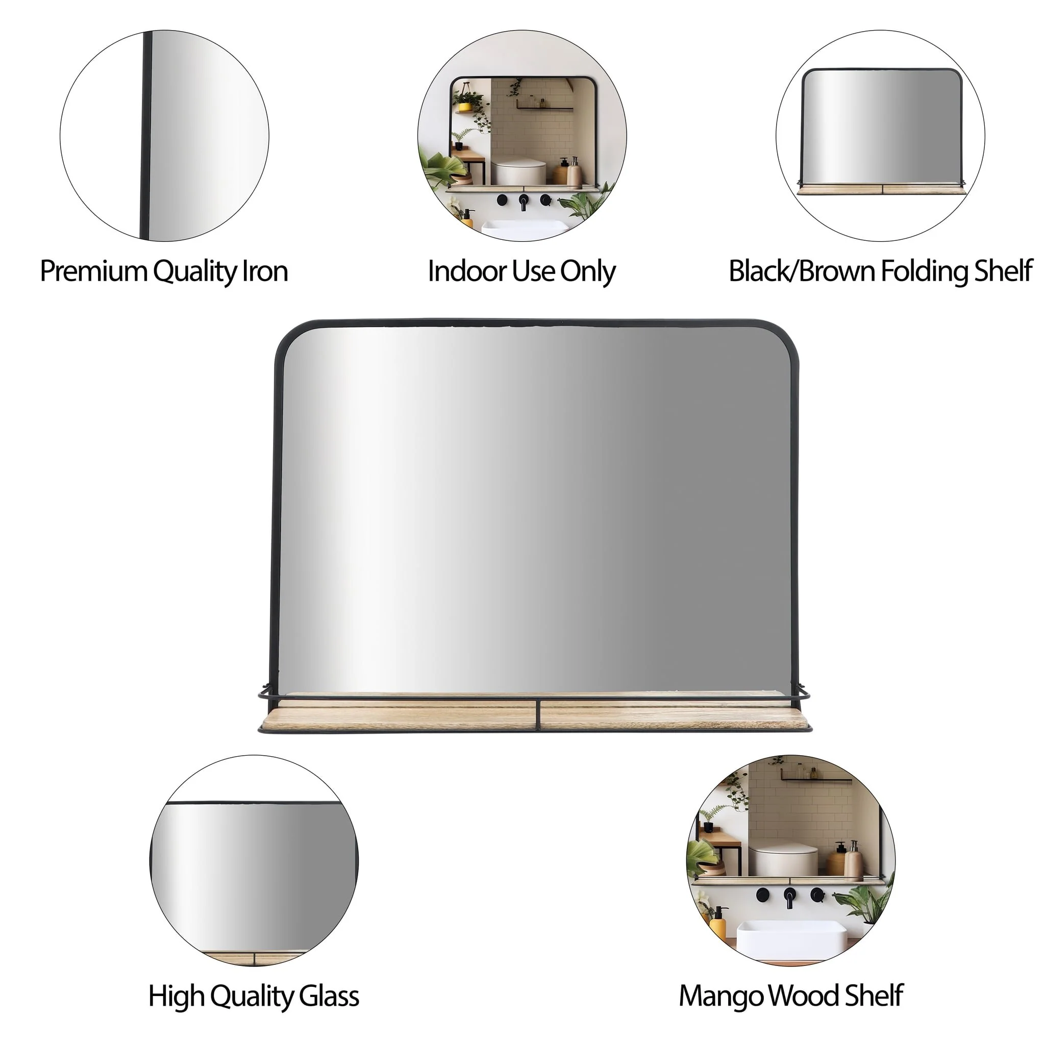 Metal, 24x18 Mirror W/ Folding Shelf, Black/brown - Image 4