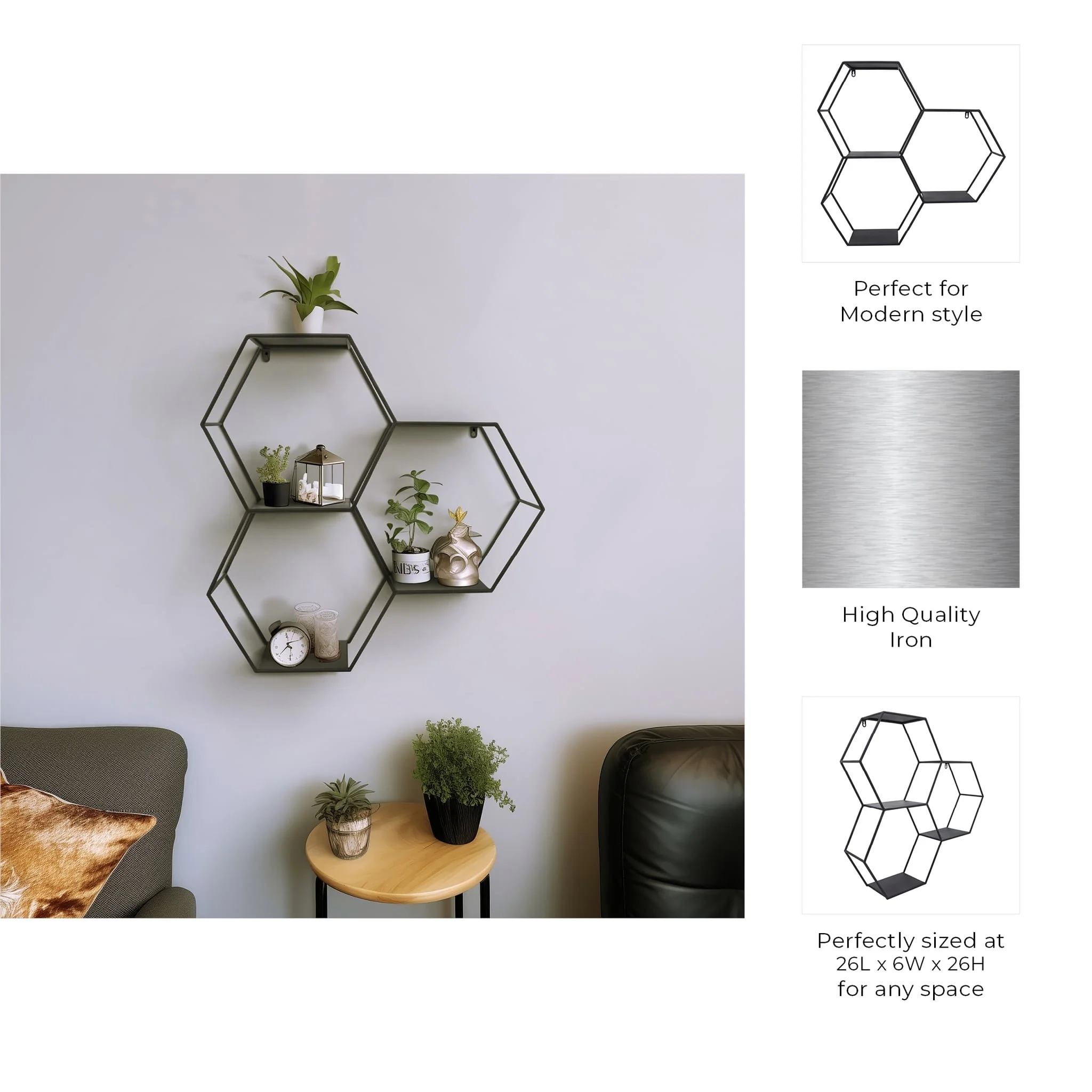 Metal, 26"h Hexagon Wall Shelf, Black - Image 8