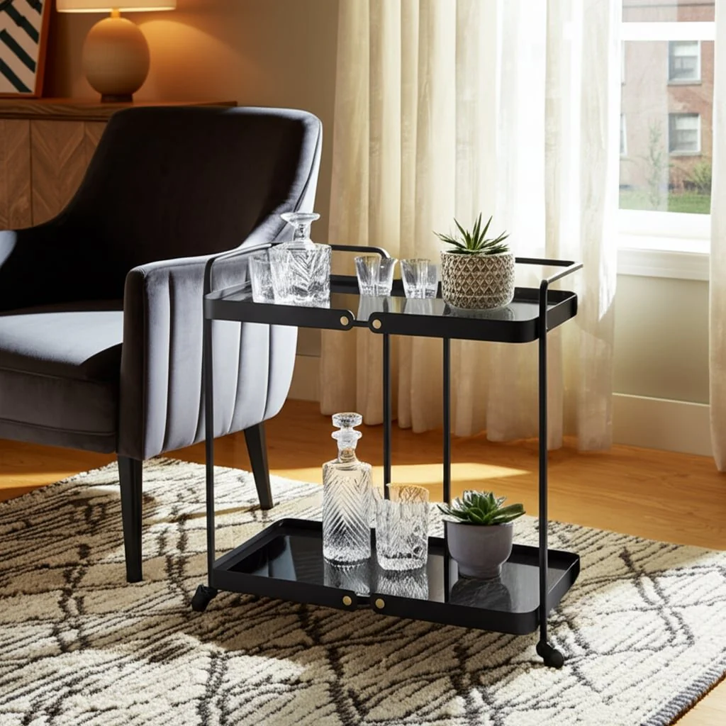 Metal, 27"h 2-layered Bar Cart W/ Smokey Glass, Bl - Image 6