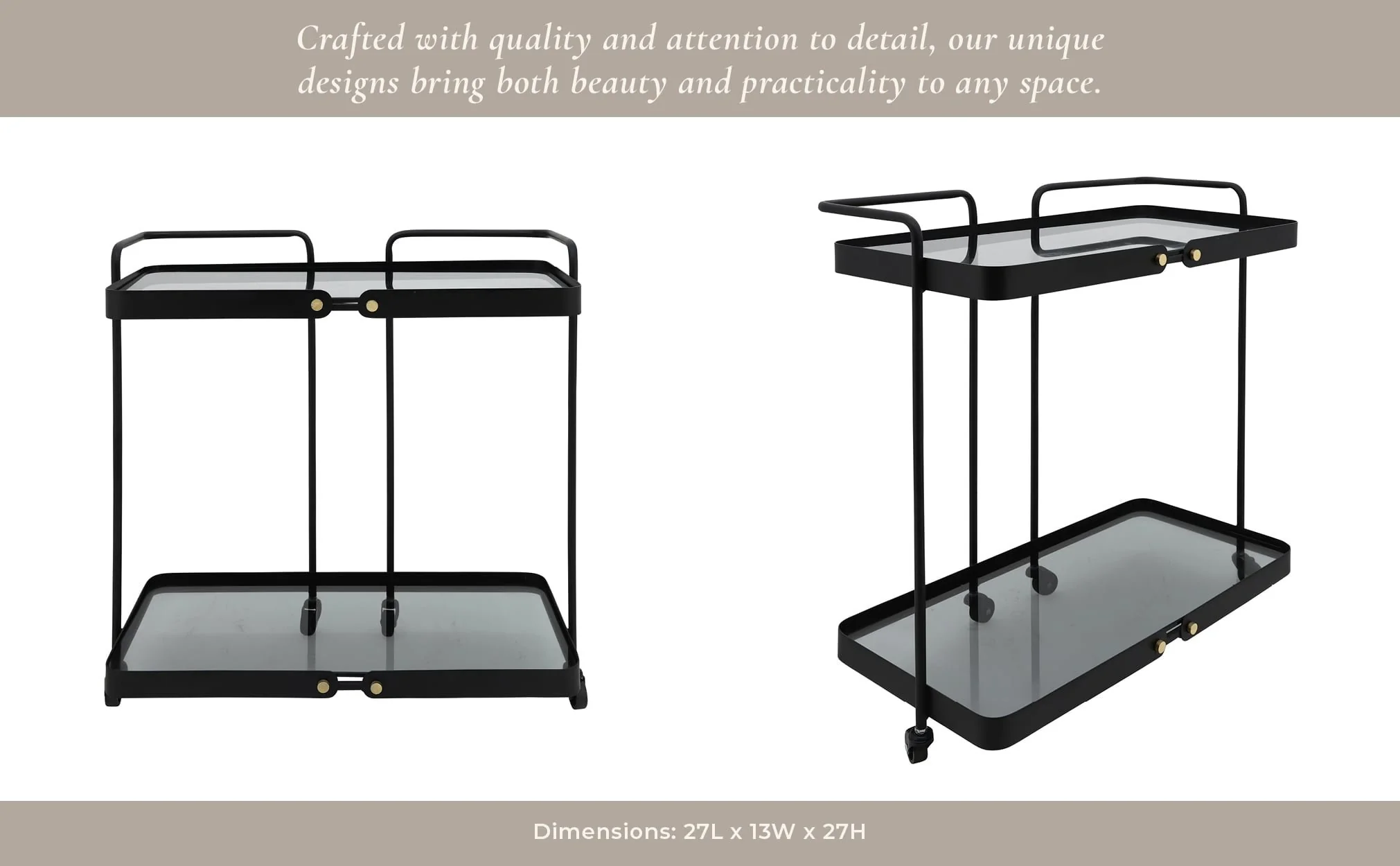 Metal, 27"h 2-layered Bar Cart W/ Smokey Glass, Bl - Image 7
