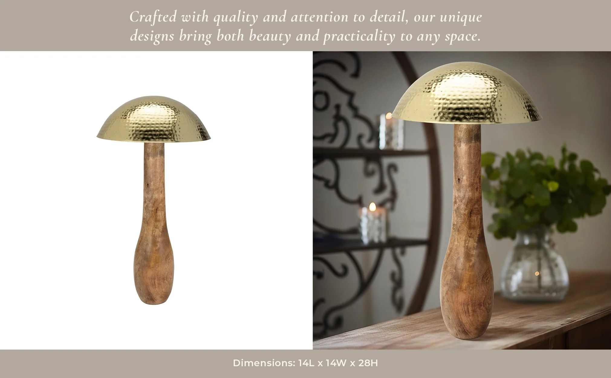 Metal, 28" Mushroom W/ Wood Base, Gold - Image 12