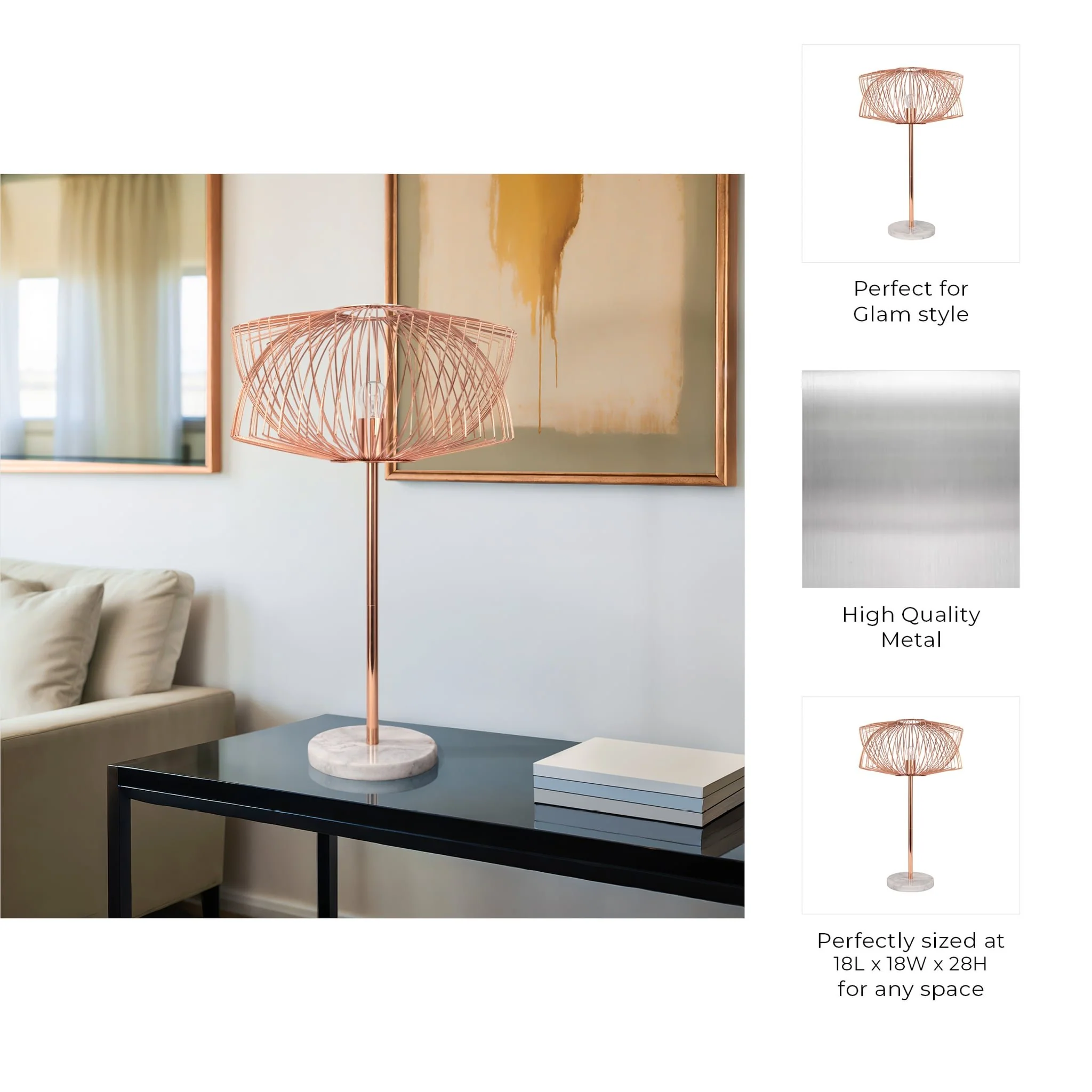 Metal 28" Table Lamp W/cage Shade, Rose Gold - Image 8