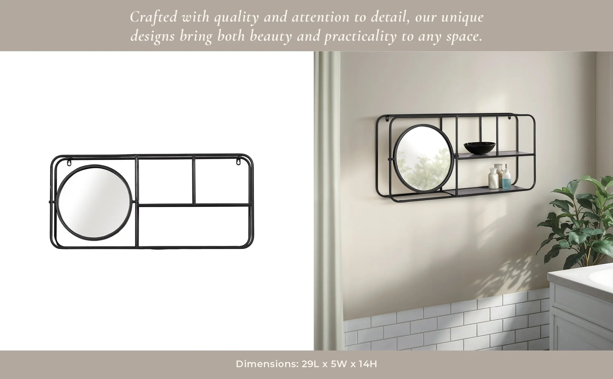 Metal. 29"l Wall Shelf W/ Mirror, Black - Image 10