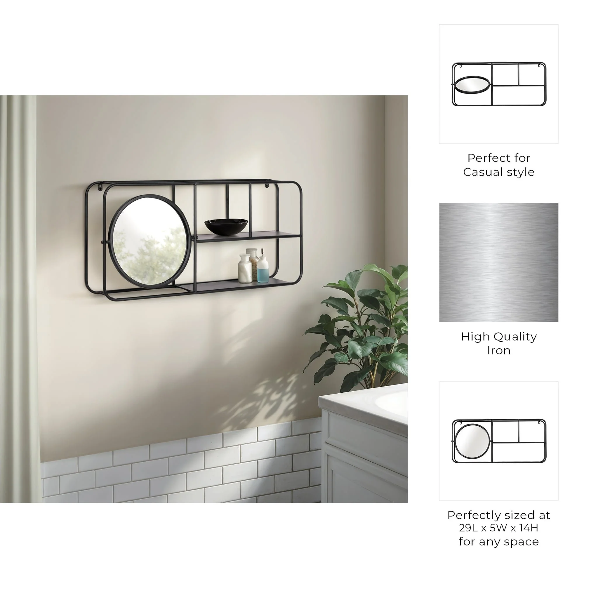 Metal. 29"l Wall Shelf W/ Mirror, Black - Image 8