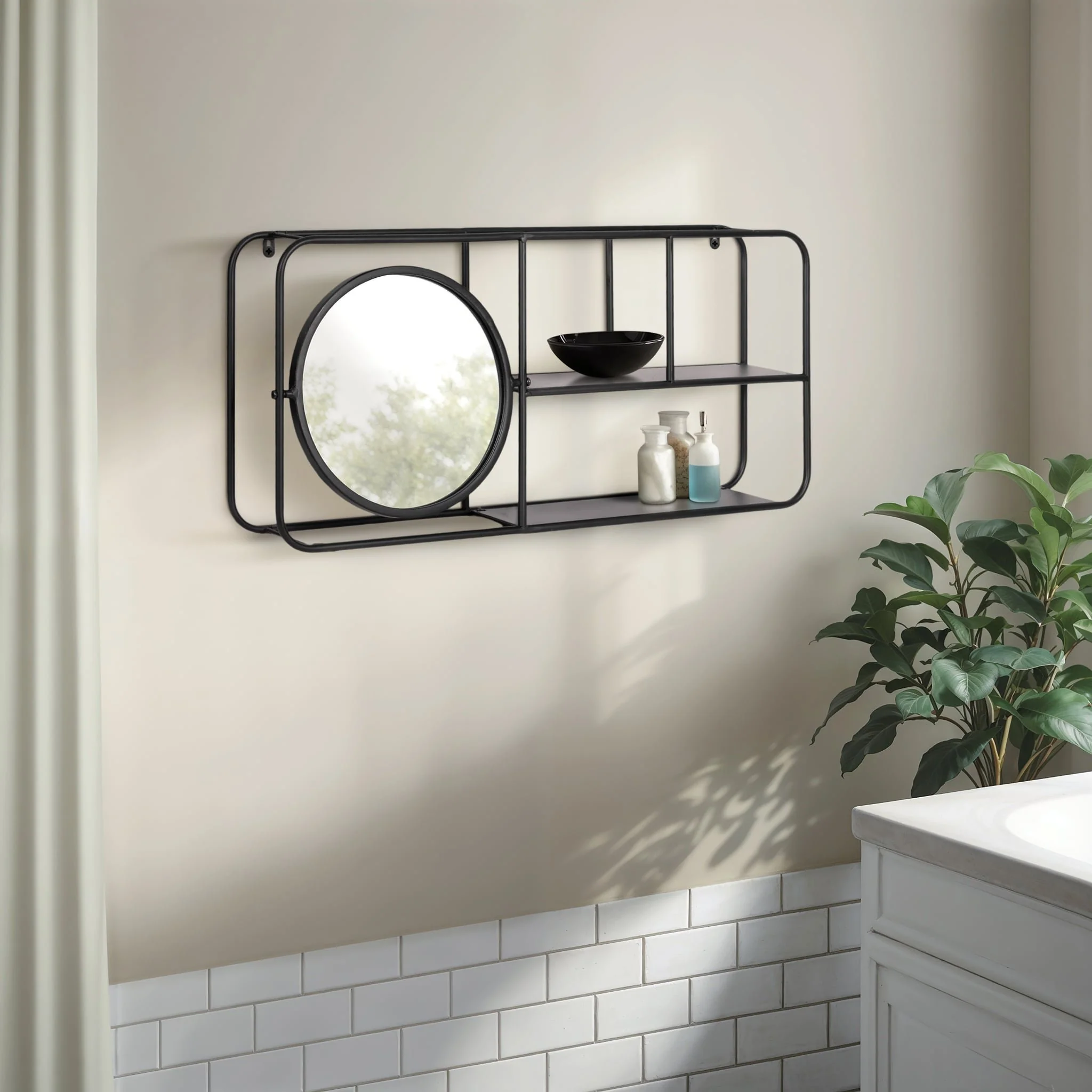 Metal. 29"l Wall Shelf W/ Mirror, Black - Image 9