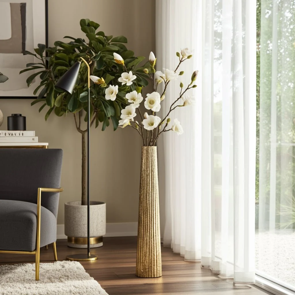 Metal, 35" Ribbed Floor Vase, Gold - Image 11
