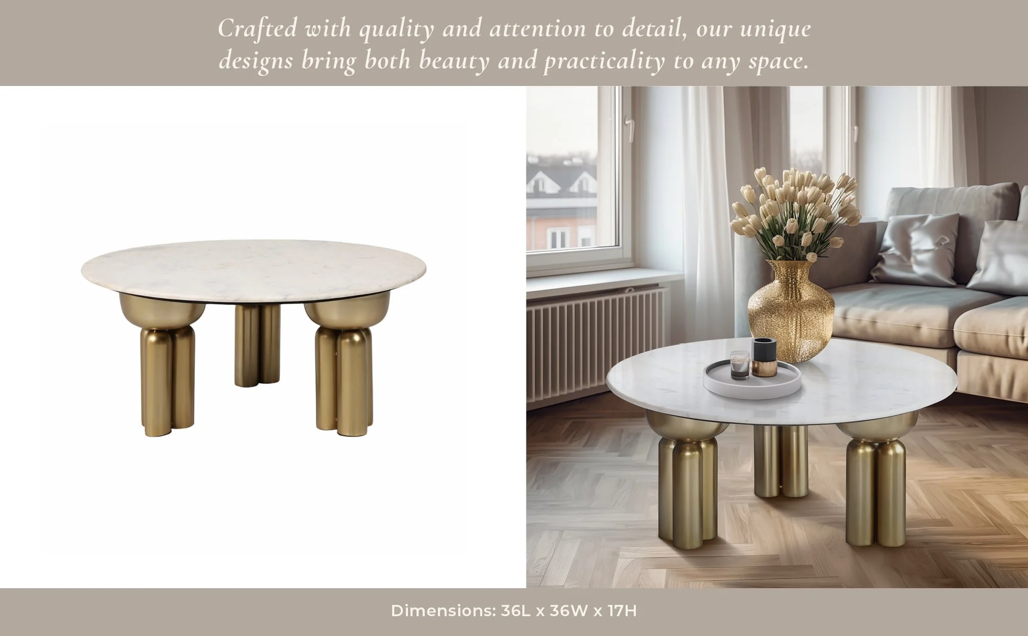 Metal, 36" Marble Top Coffee Table, Gold/white,kd - Image 11