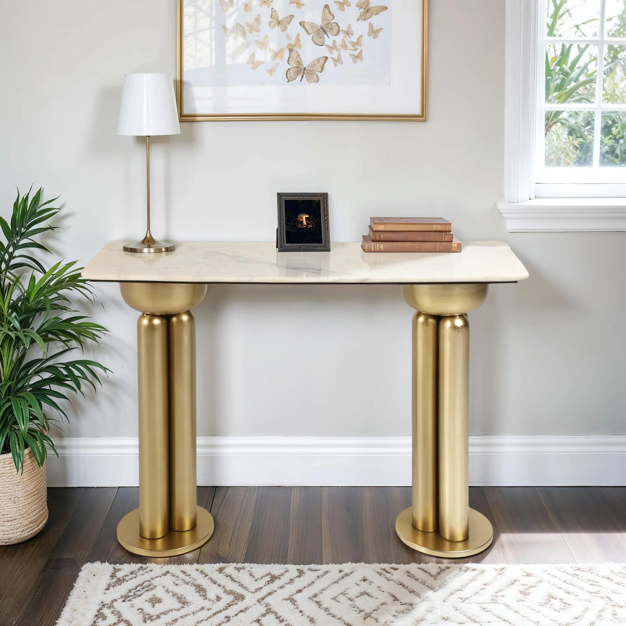 Metal, 42" Marble Top Console, Gold/white - Image 11