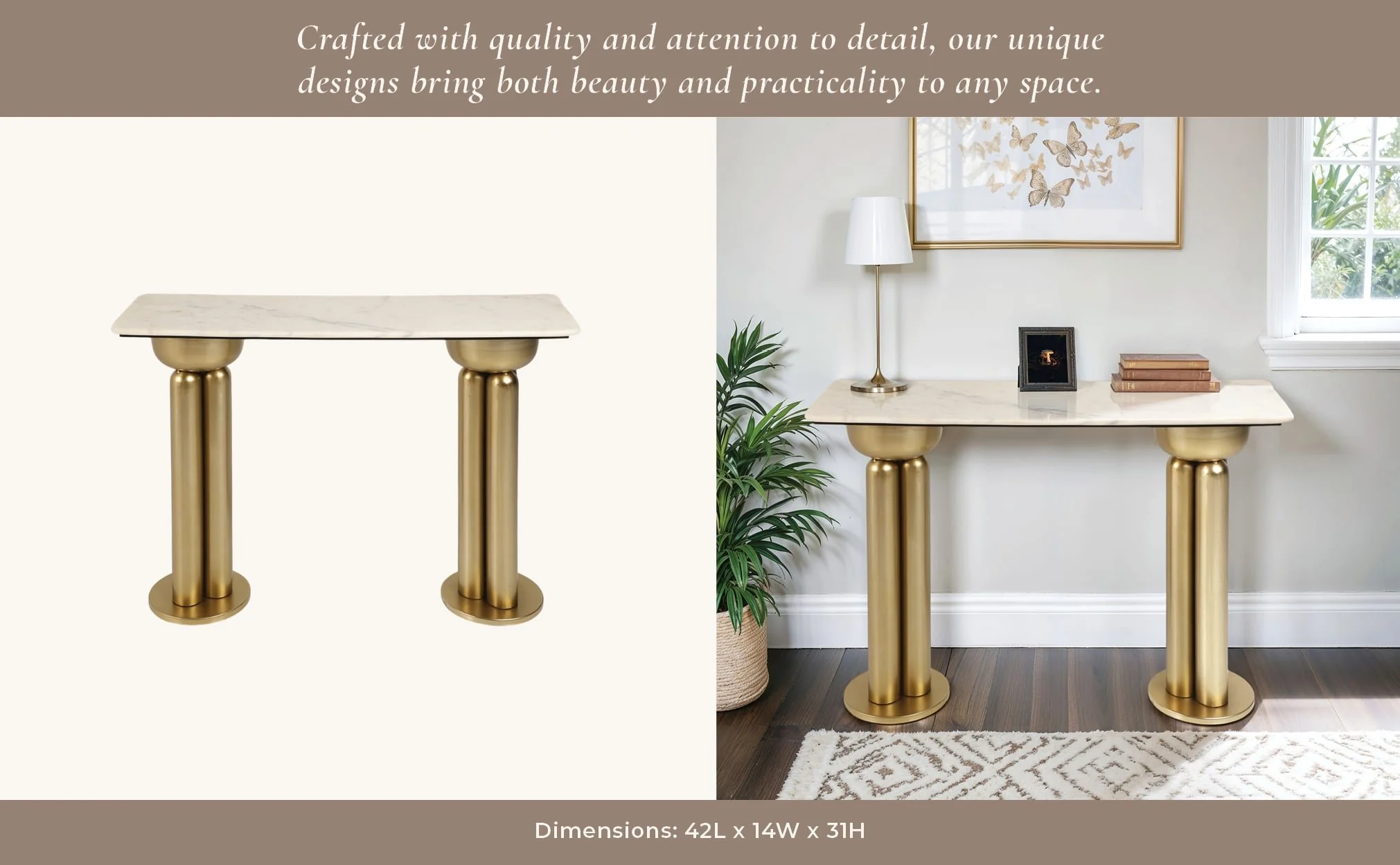 Metal, 42" Marble Top Console, Gold/white - Image 12