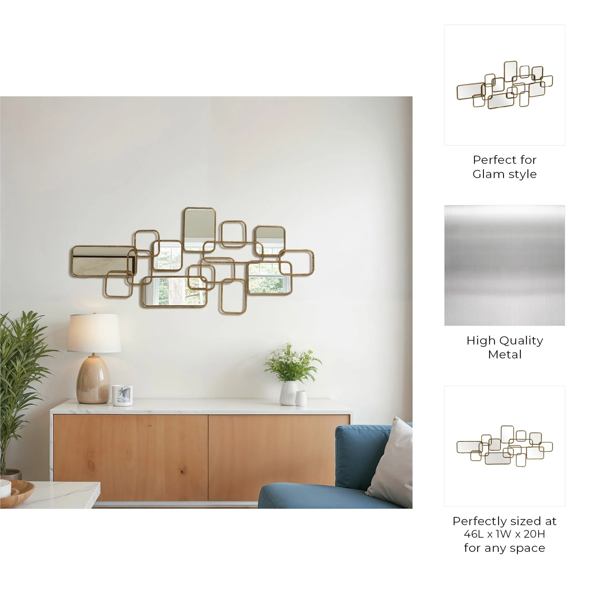 Metal, 46x20 Wall Accent W/ Mirrors, Gold Wb - Image 8