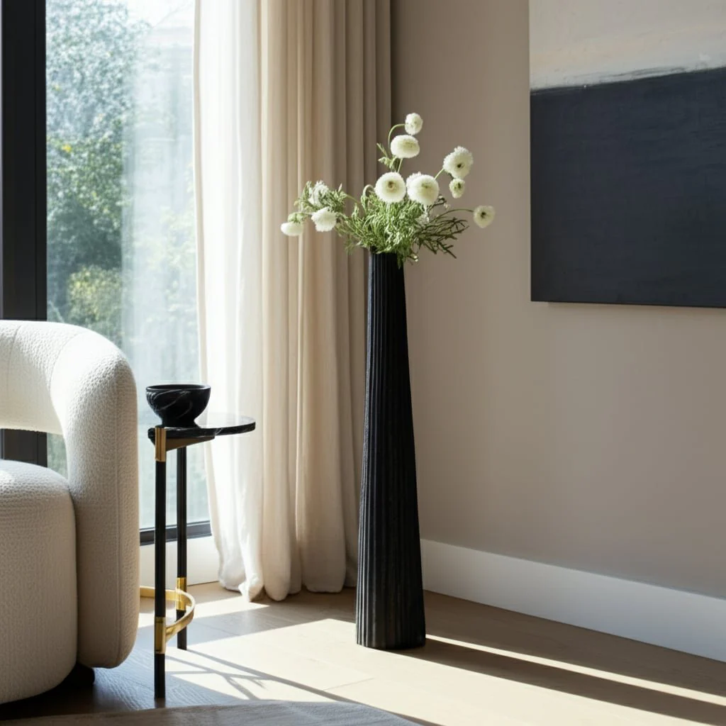 Metal, 48" Ribbed Floor Vase, Black - Image 11