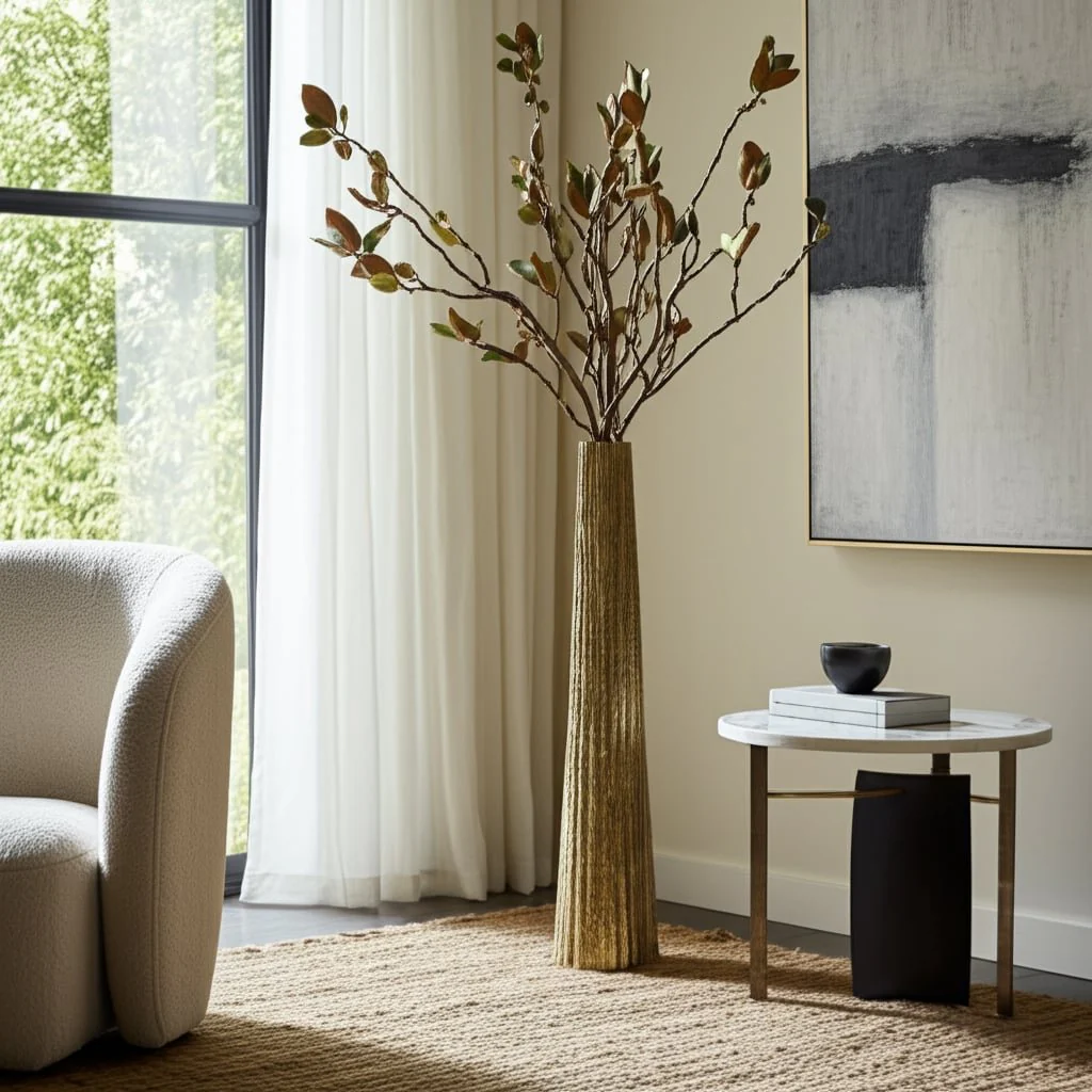 Metal, 48" Ribbed Floor Vase, Gold - Image 11
