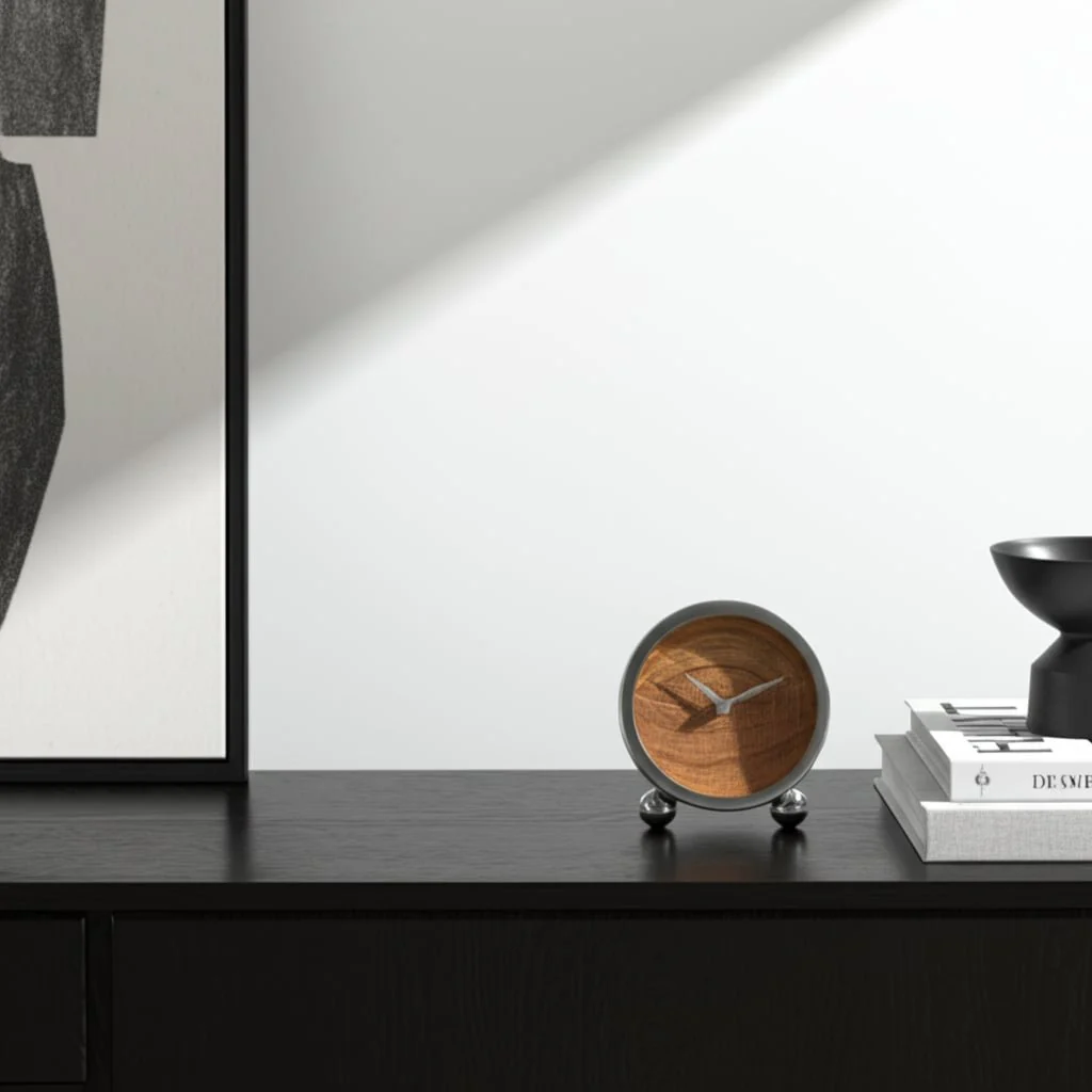 Metal, 5" Round Wood Face Table Clock, Silver - Image 10