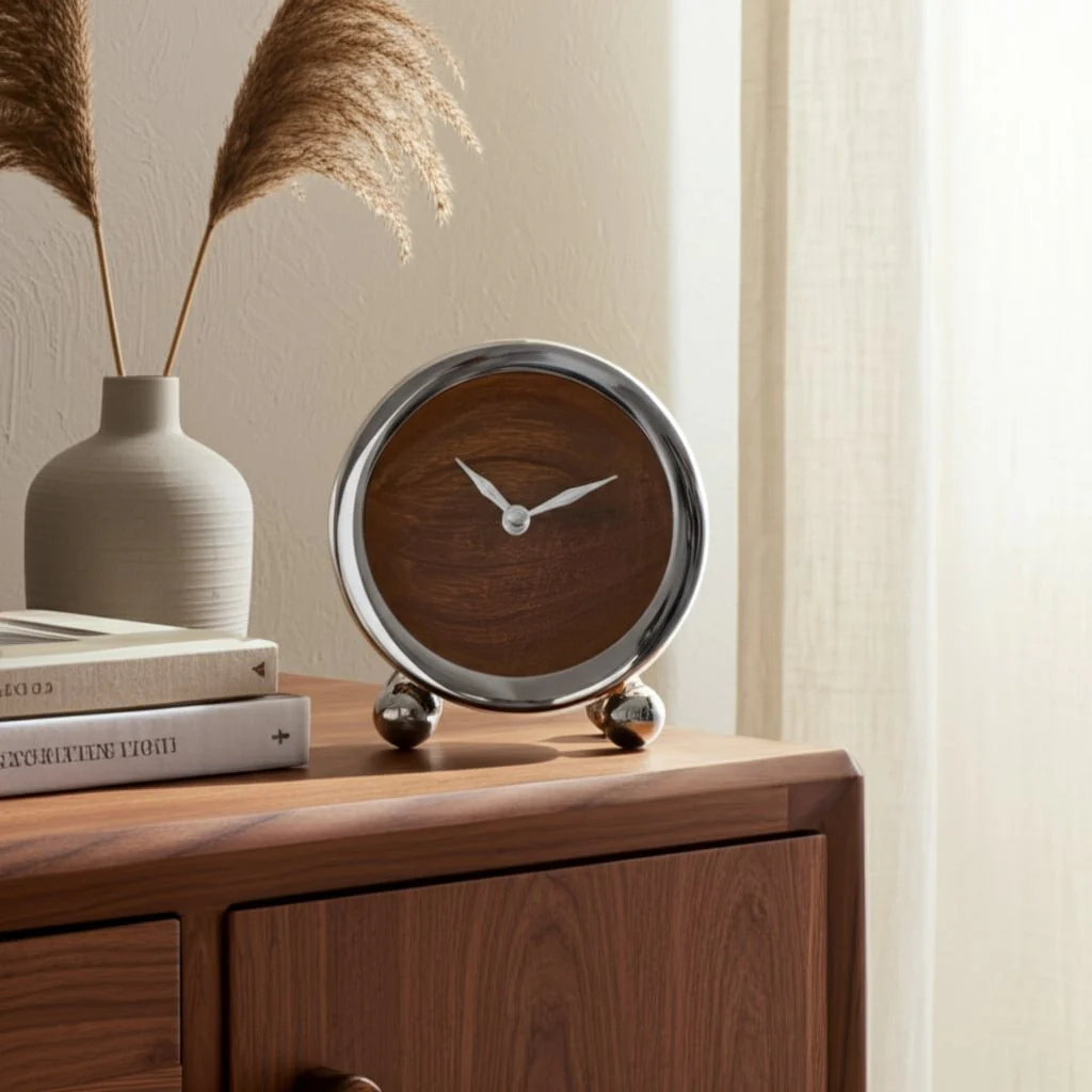 Metal, 5" Round Wood Face Table Clock, Silver - Image 11