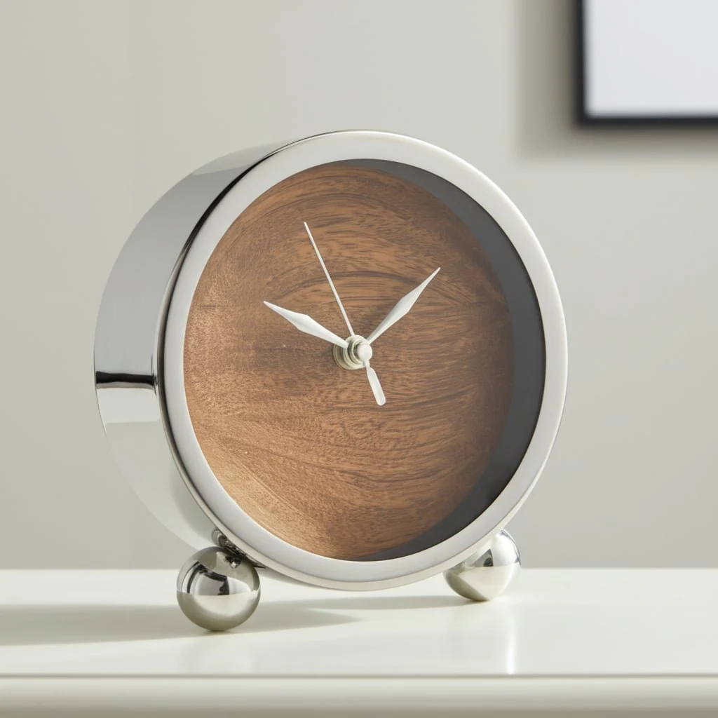 Metal, 5" Round Wood Face Table Clock, Silver - Image 12