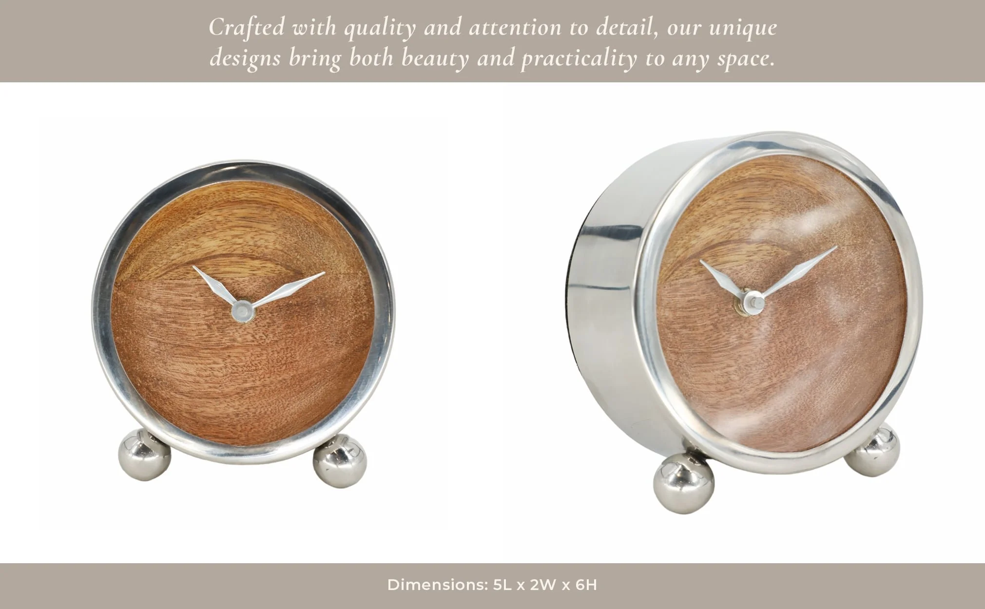 Metal, 5" Round Wood Face Table Clock, Silver - Image 13