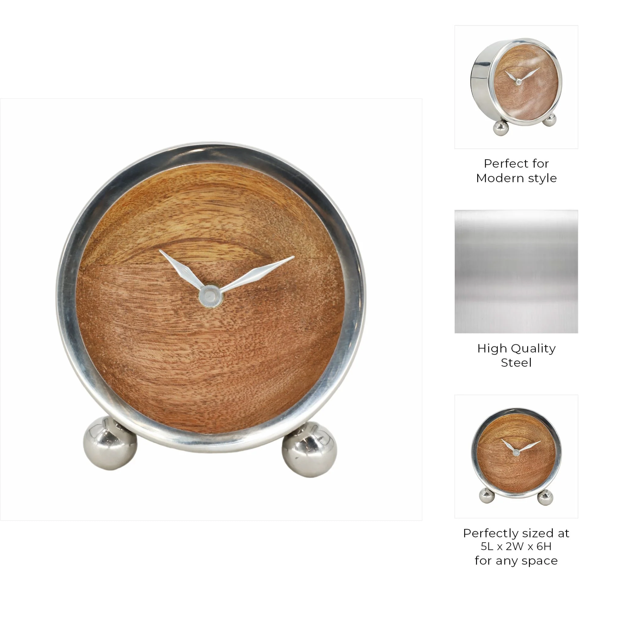 Metal, 5" Round Wood Face Table Clock, Silver - Image 9