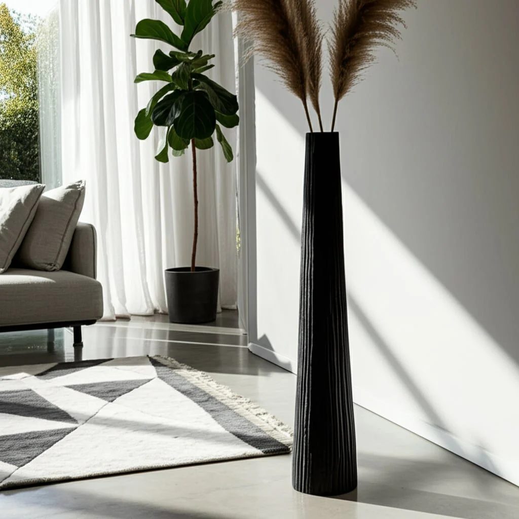 Metal, 58" Ribbed Floor Vase, Black - Image 11