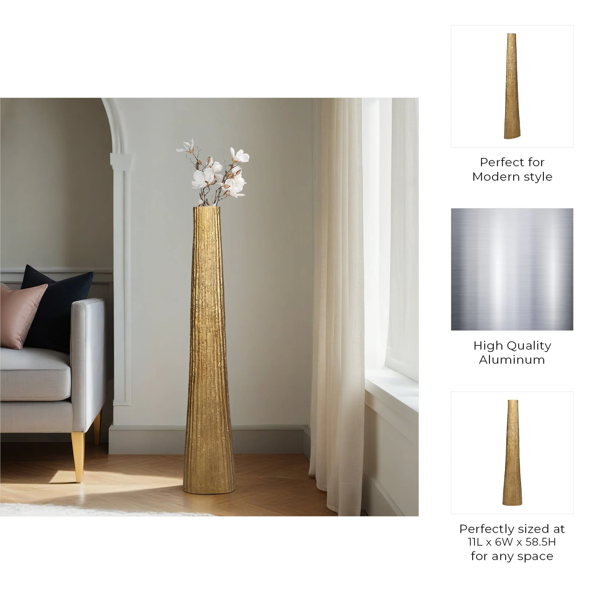 Metal, 58" Ribbed Floor Vase, Gold - Image 10