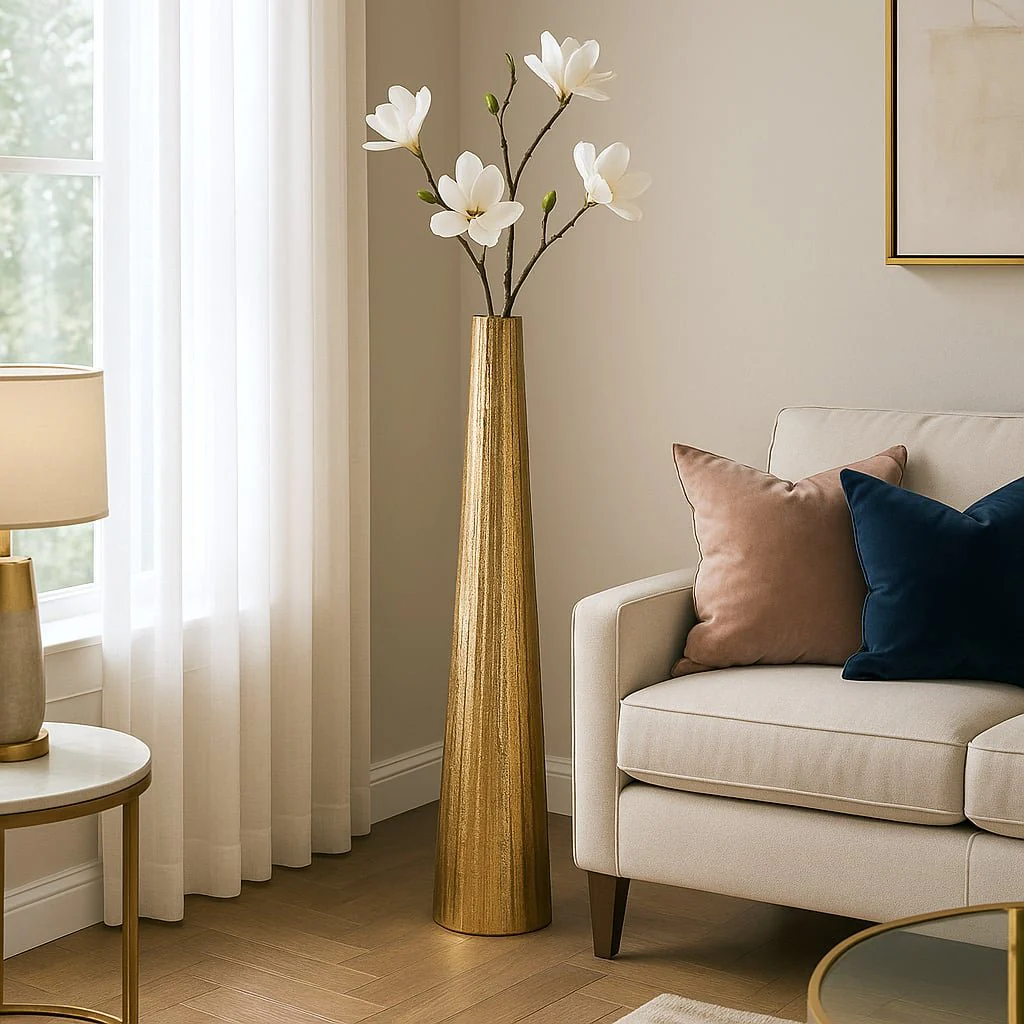 Metal, 58" Ribbed Floor Vase, Gold - Image 2