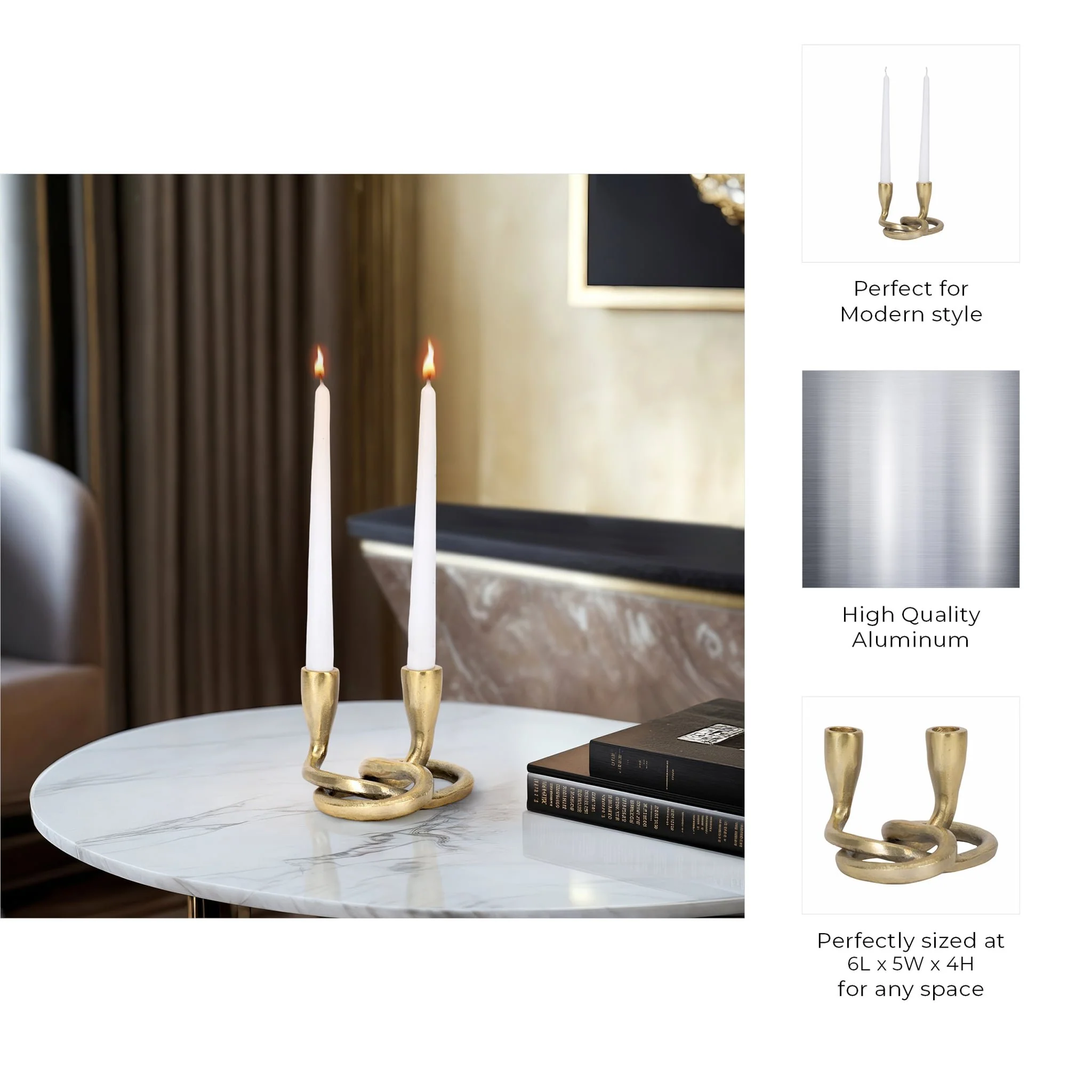 Metal, 6" Knotted 2-taper Candleholder, Gold - Image 8