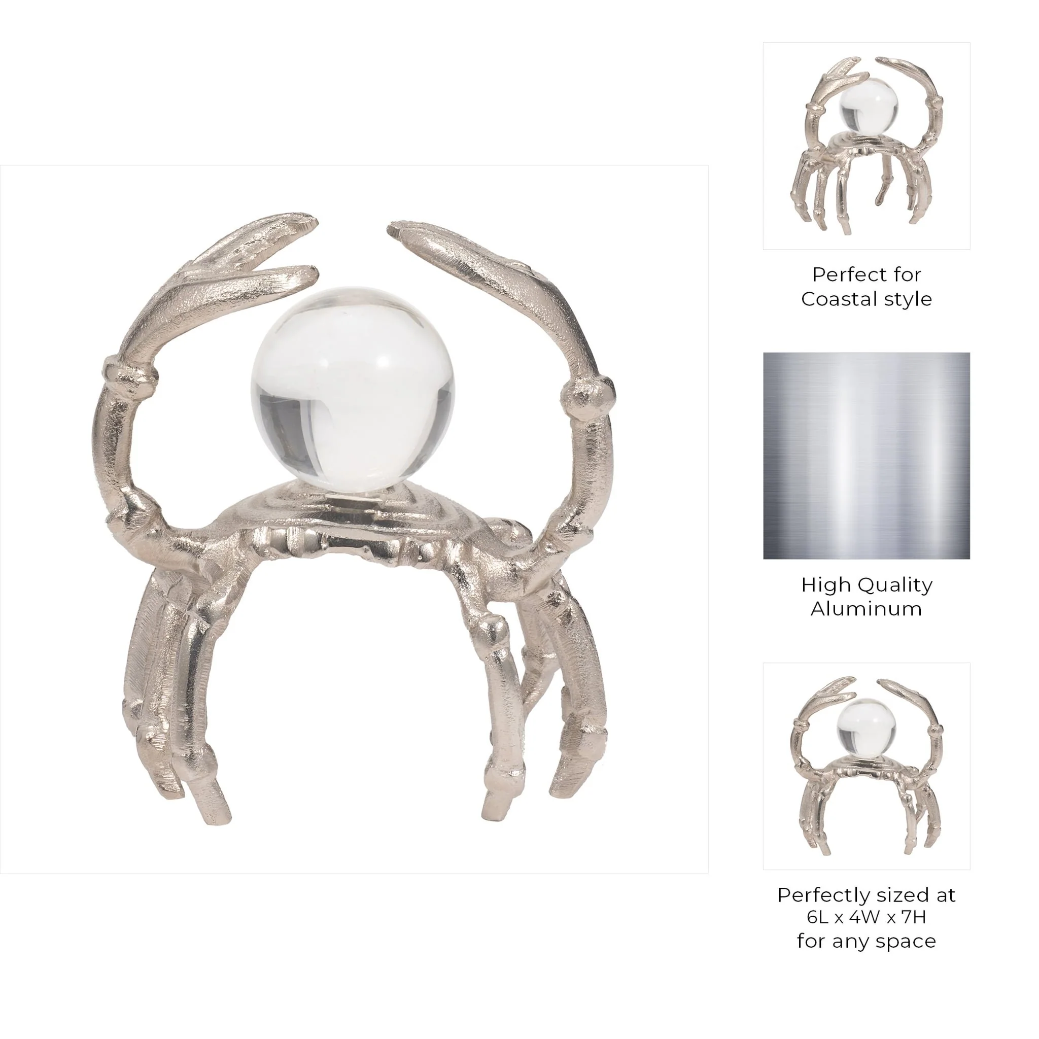 Metal, 7" Dancing Crab W/ Acrylic Ball, Silver - Image 9