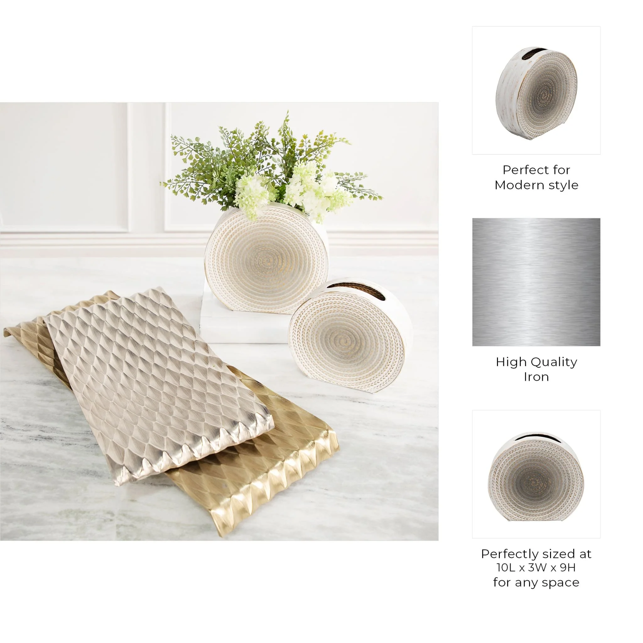 Metal 9"h Round Vase, White - Image 5