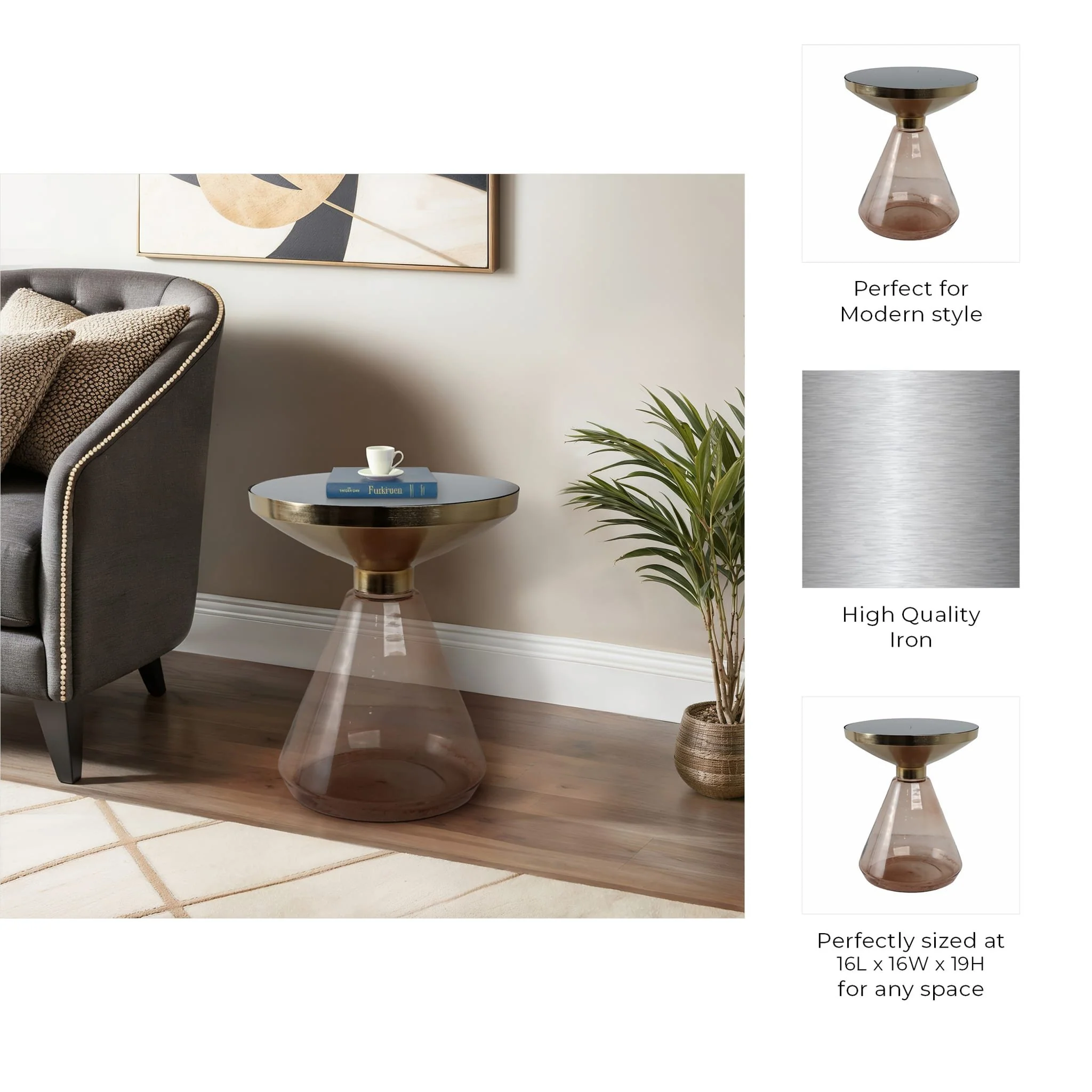 Metal/glass, 16"dx19"h Hourglass Side Table, Gold - Image 9